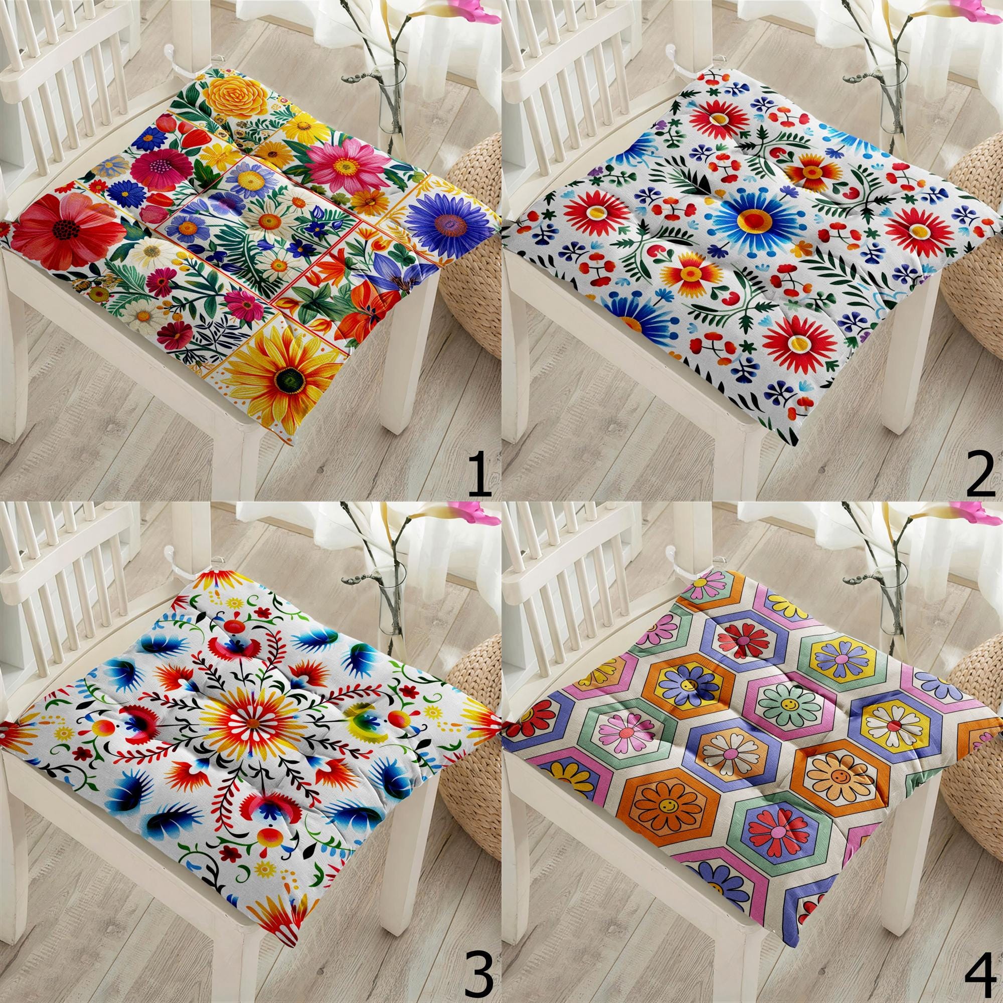 Folk Art Floral Chair Pads, Colorful Boho Seat Cushions, Eastern European Style Cushion Covers, Folk Art Chair Cushions