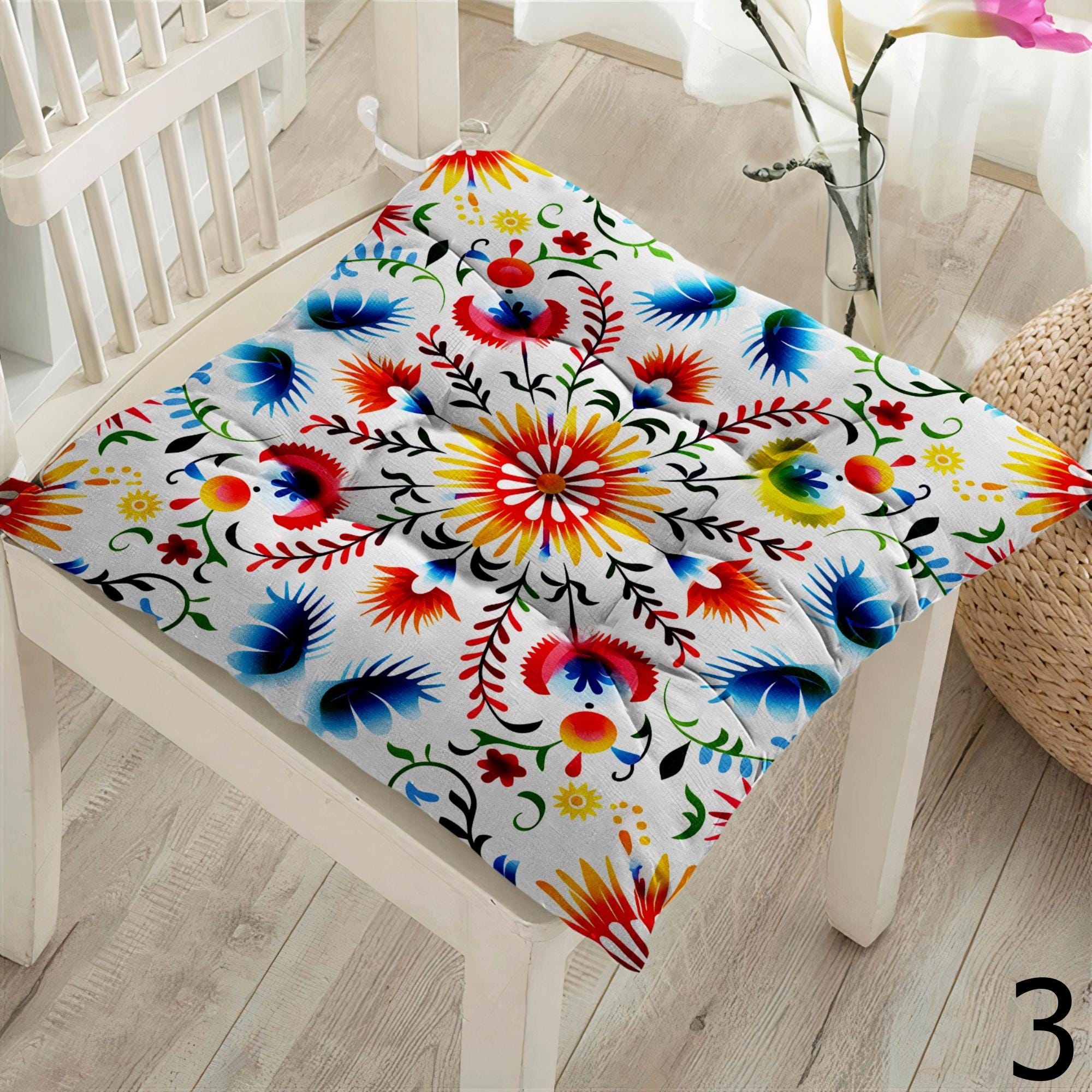 Folk Art Floral Chair Pads, Colorful Boho Seat Cushions, Eastern European Style Cushion Covers, Folk Art Chair Cushions