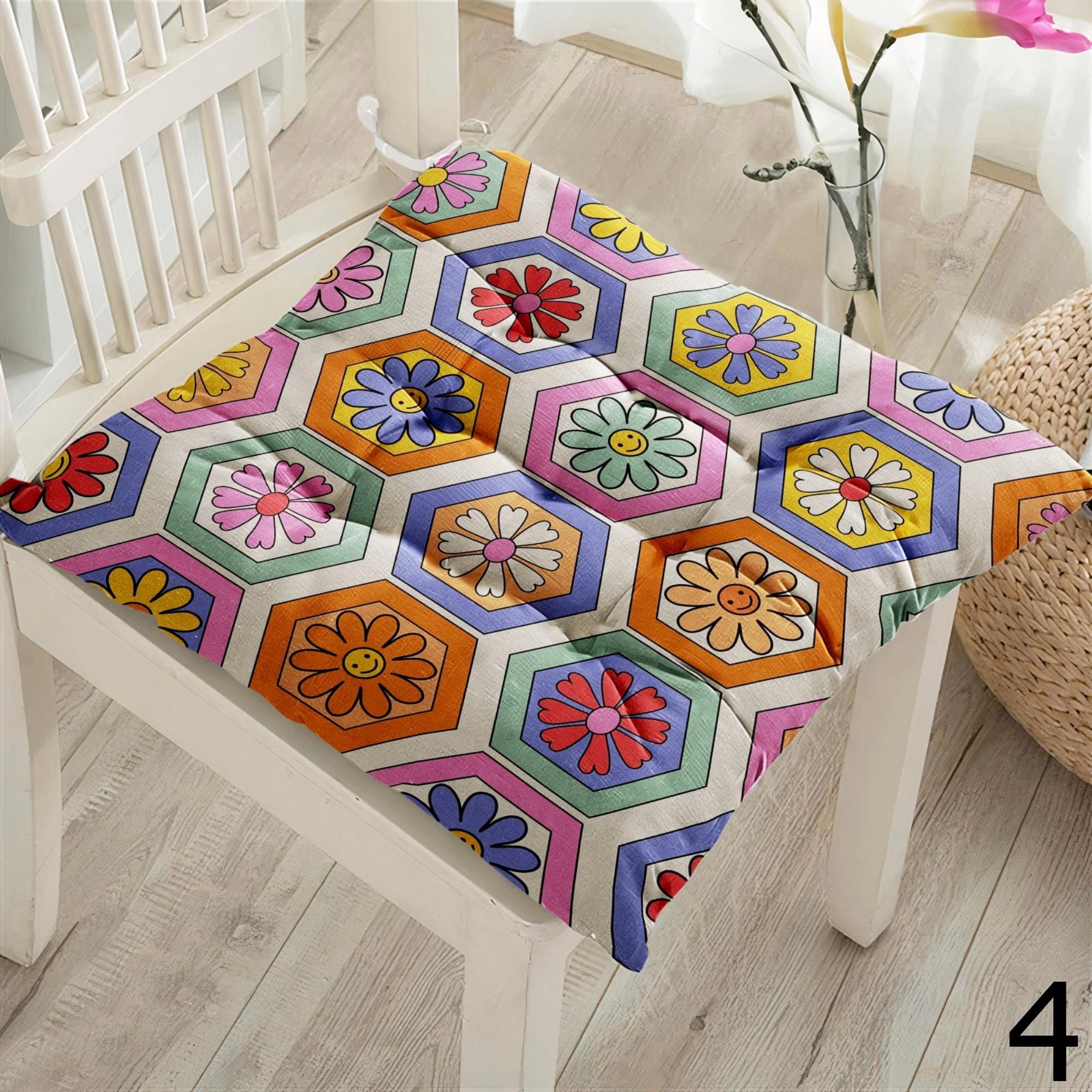 Folk Art Floral Chair Pads, Colorful Boho Seat Cushions, Eastern European Style Cushion Covers, Folk Art Chair Cushions