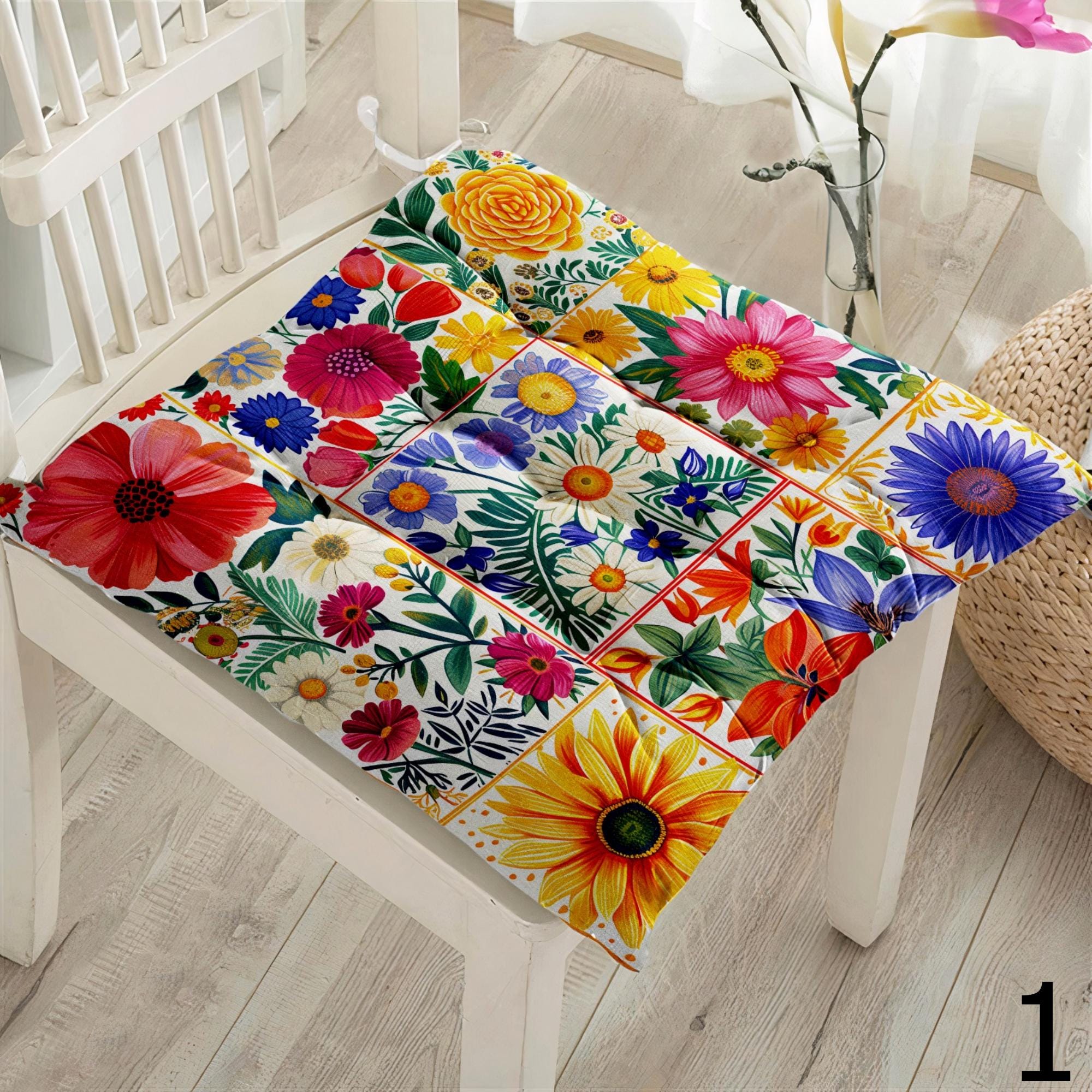 Folk Art Floral Chair Pads, Colorful Boho Seat Cushions, Eastern European Style Cushion Covers, Folk Art Chair Cushions