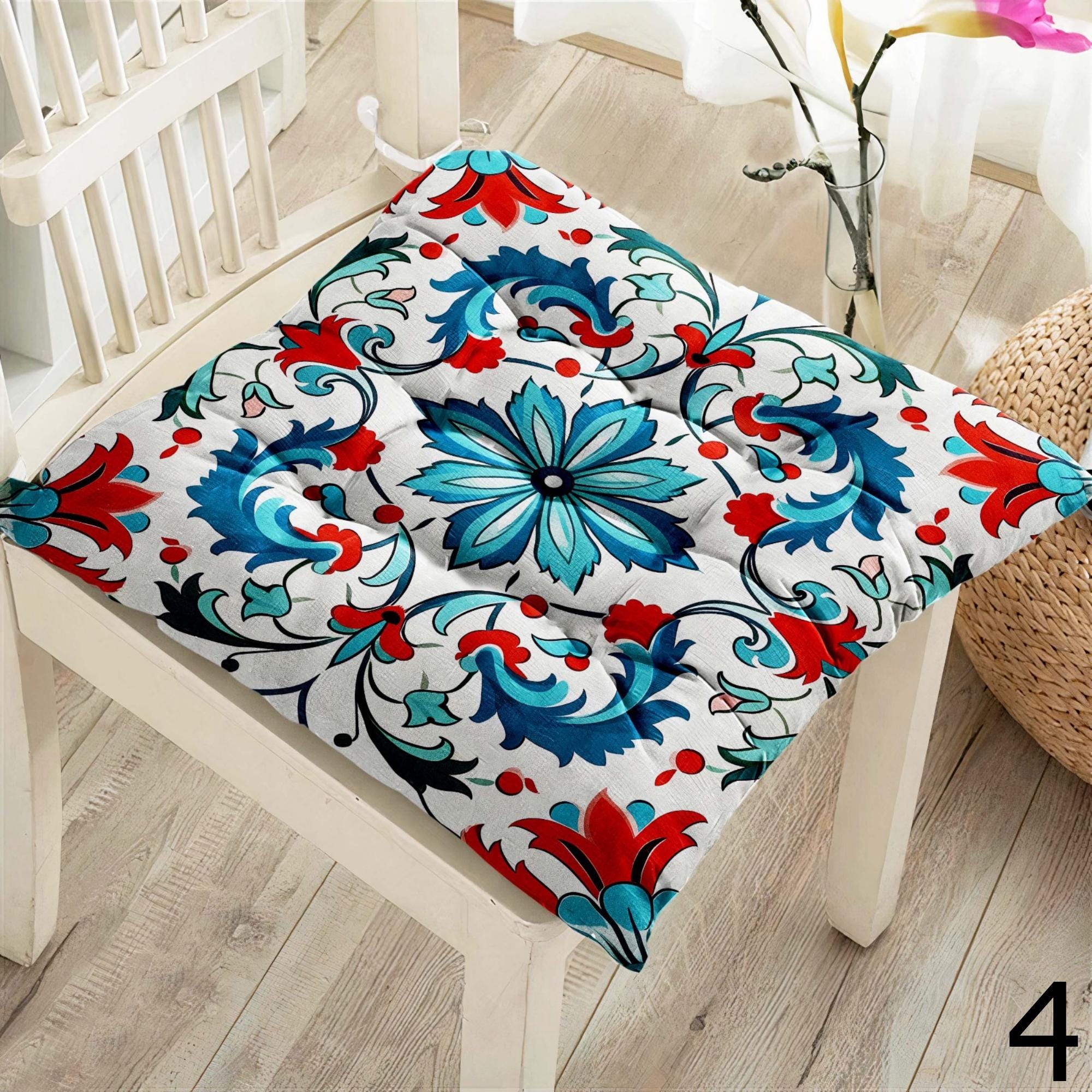 Mediterranean Tile Chair Pads, Boho Mosaic Seat Cushions, Turkish Moroccan Style Pillow Covers, Ceramic Pattern Chair Cushions