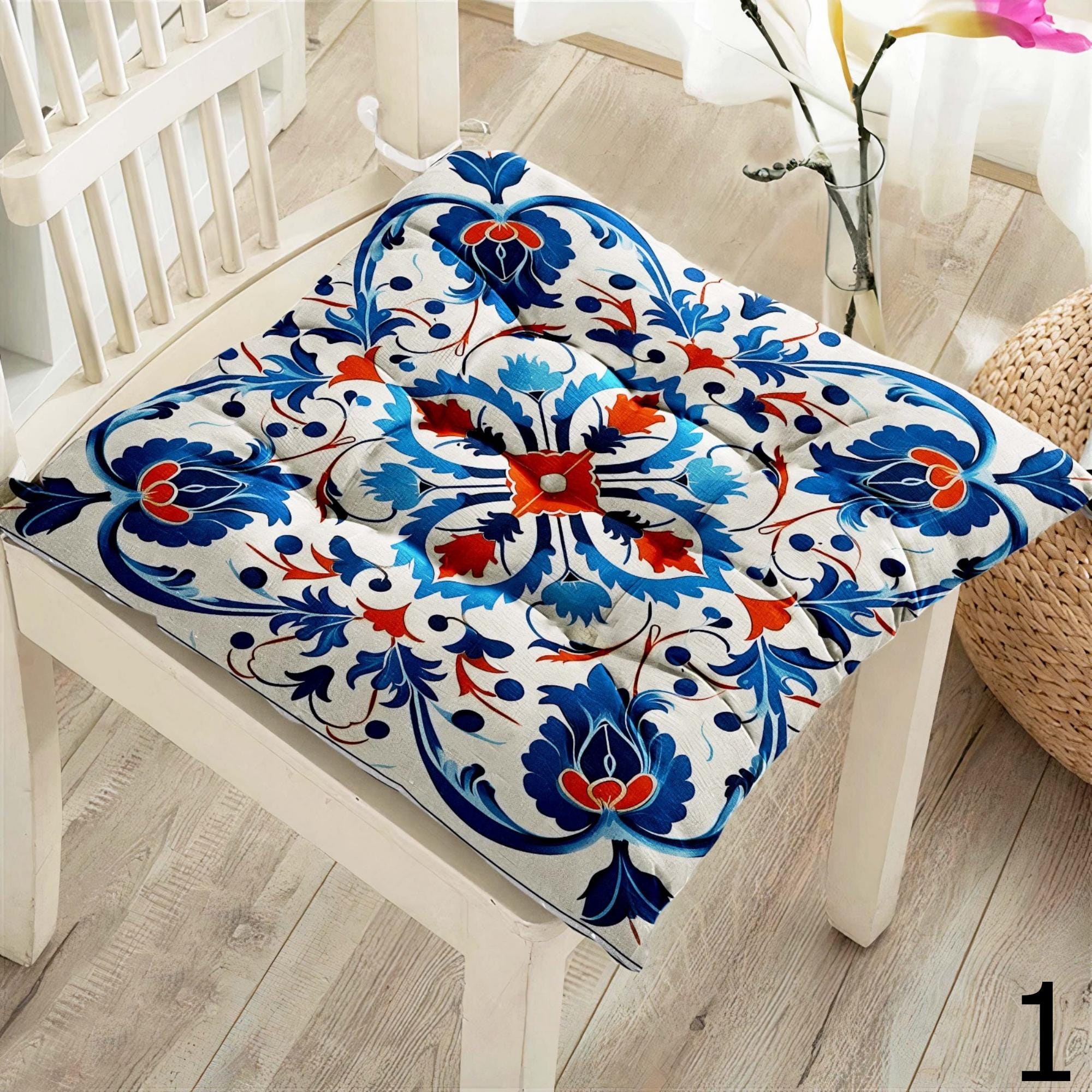 Mediterranean Tile Chair Pads, Boho Mosaic Seat Cushions, Turkish Moroccan Style Pillow Covers, Ceramic Pattern Chair Cushions