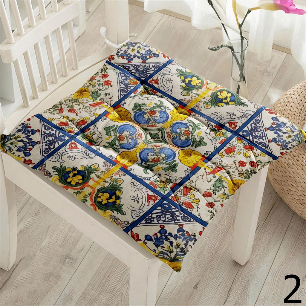 Mediterranean Tile Chair Pads, Boho Mosaic Seat Cushions, Turkish Moroccan Style Pillow Covers, Ceramic Pattern Chair Cushions