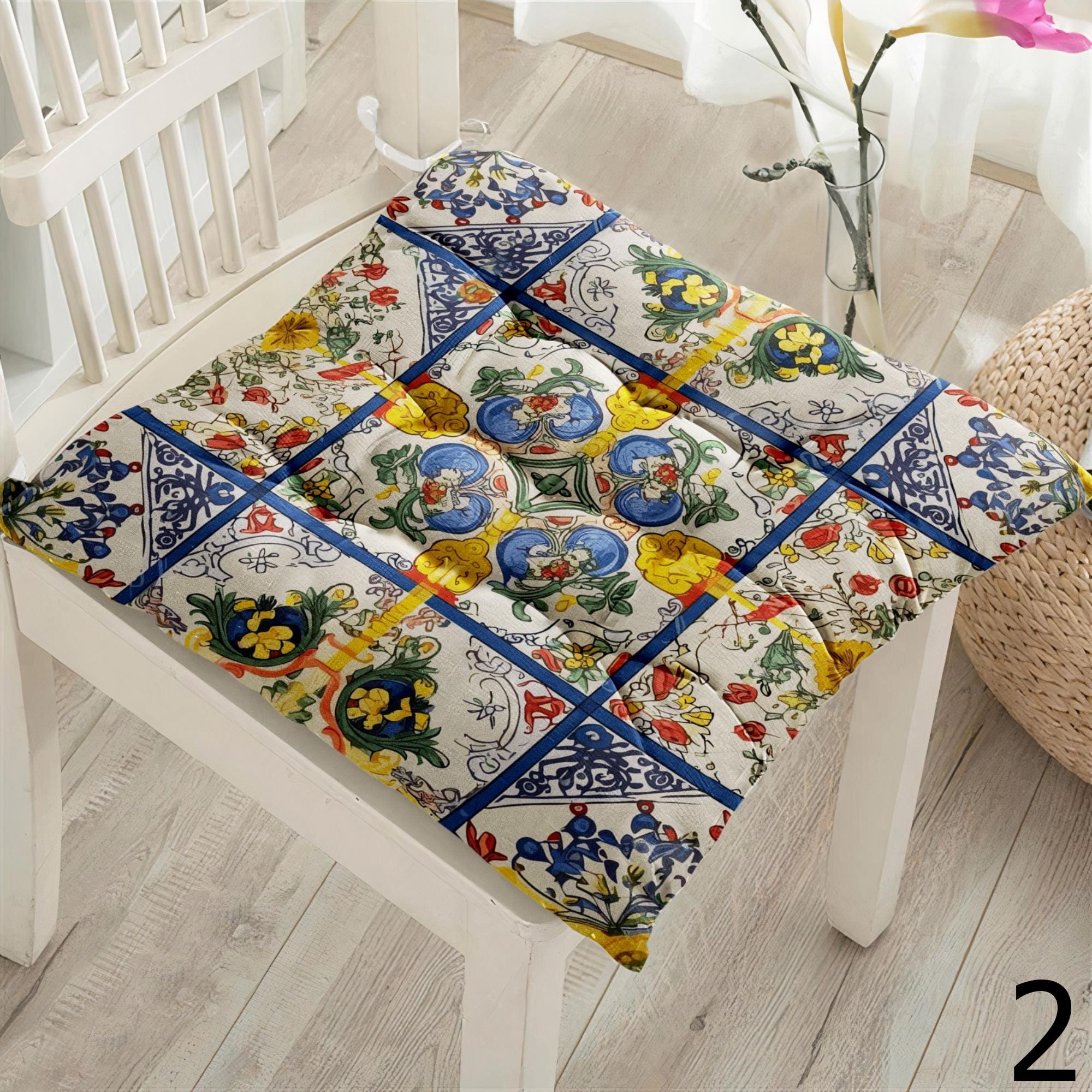Mediterranean Tile Chair Pads, Boho Mosaic Seat Cushions, Turkish Moroccan Style Pillow Covers, Ceramic Pattern Chair Cushions