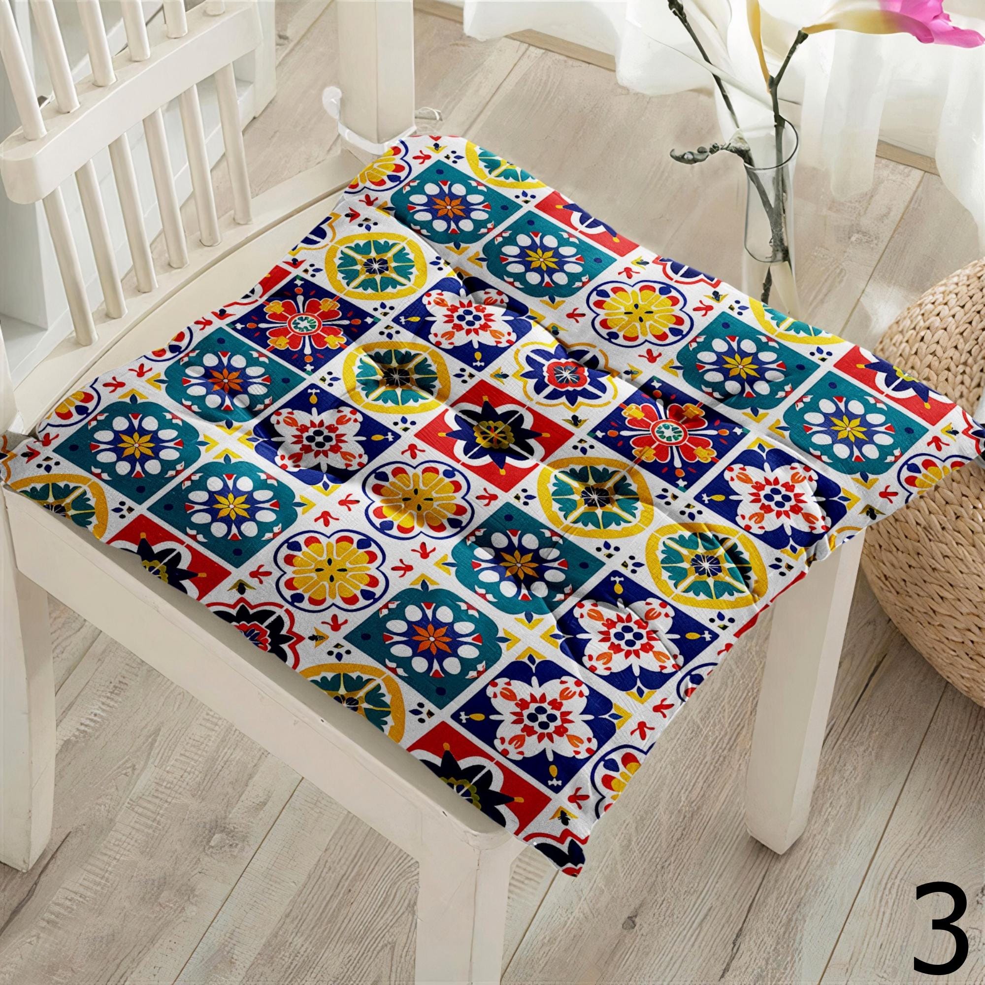 Mediterranean Tile Chair Pads, Boho Mosaic Seat Cushions, Turkish Moroccan Style Pillow Covers, Ceramic Pattern Chair Cushions