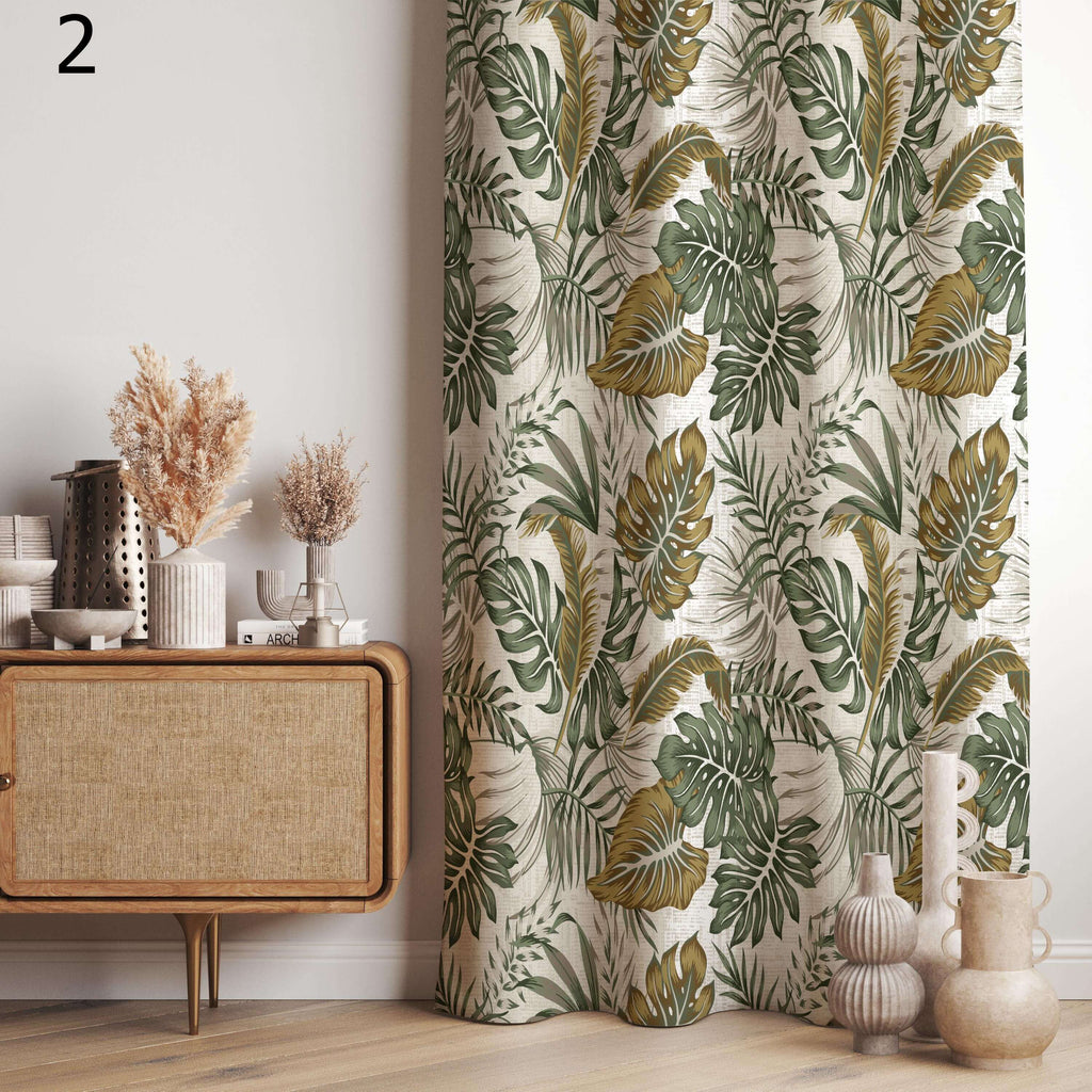 Tropical Leaf Curtains, Soft Jungle Botanical Drapes, Beige Green Nature Print Curtains, Watercolor Leafy Curtain Panels