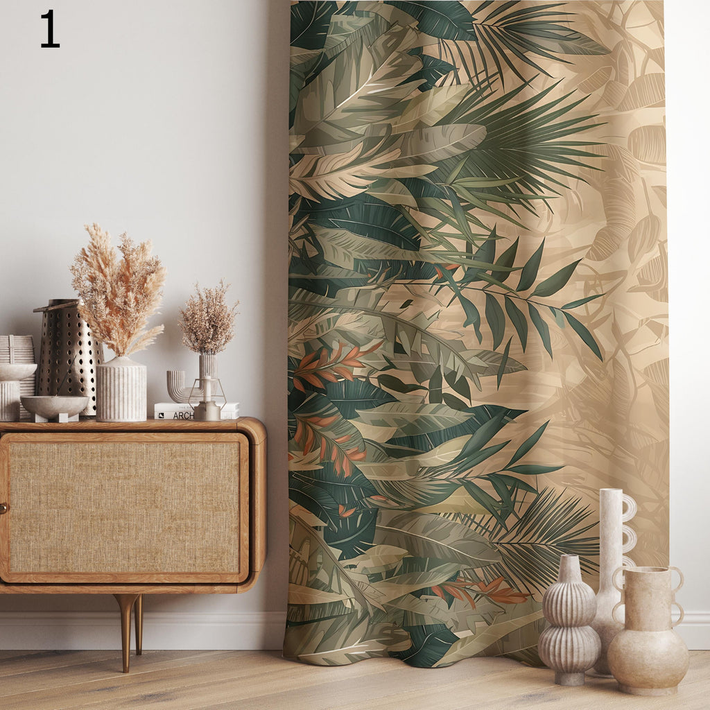 Beige Tropical Curtains, Palm Leaf Drapes, Earthy Botanical Window Panels, Neutral Jungle Curtain, Boho Natural Living Decor Curtain Panels