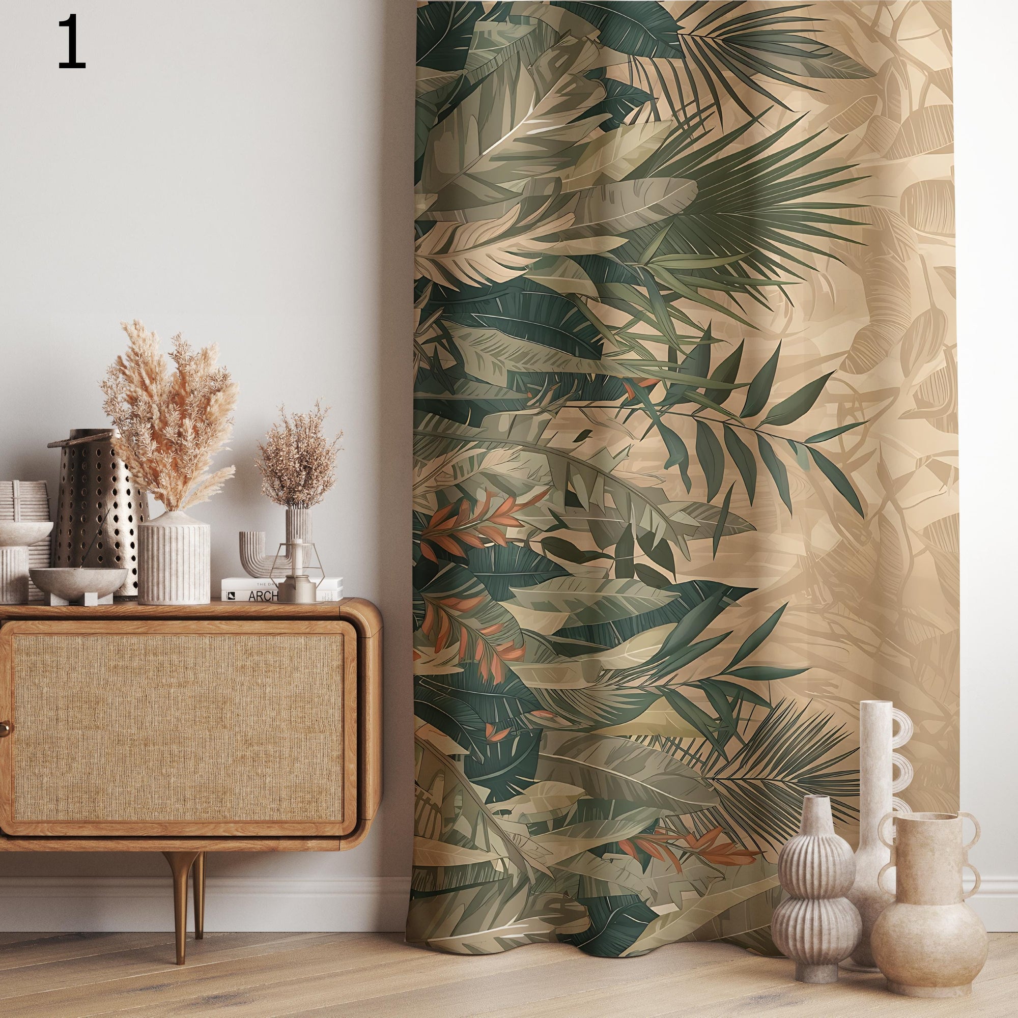 Beige Tropical Curtains, Palm Leaf Drapes, Earthy Botanical Window Panels, Neutral Jungle Curtain, Boho Natural Living Decor Curtain Panels