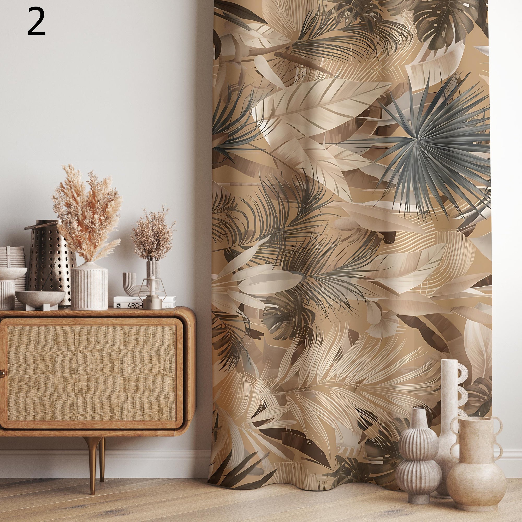 Beige Tropical Curtains, Palm Leaf Drapes, Earthy Botanical Window Panels, Neutral Jungle Curtain, Boho Natural Living Decor Curtain Panels