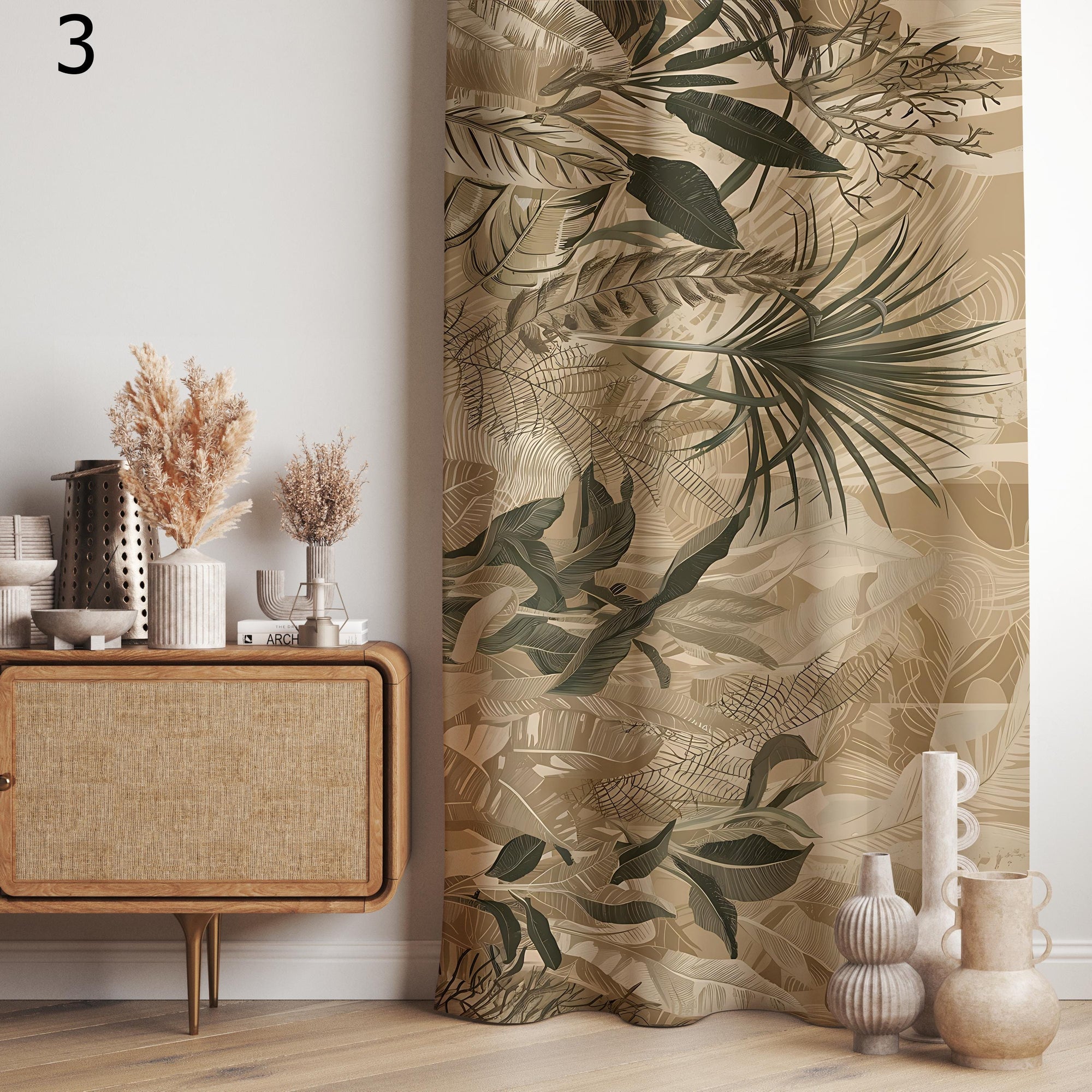 Beige Tropical Curtains, Palm Leaf Drapes, Earthy Botanical Window Panels, Neutral Jungle Curtain, Boho Natural Living Decor Curtain Panels