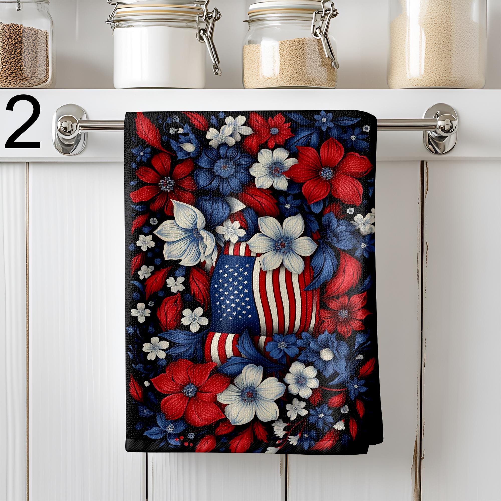 Patriotic Floral Kitchen Towels, 4th of July Themed Dish Towels, Vintage American Flag Hand Towels, Wildflower Prints Tea Towels