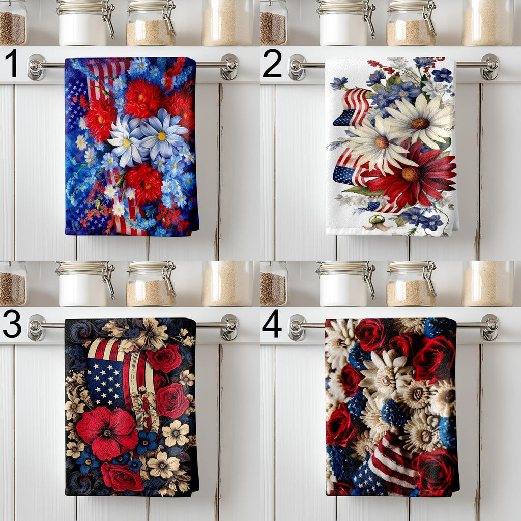 Patriotic Floral Kitchen Towels, USA Flag Dish Towels, 4th of July Tea Towel, American Flower Hand Towels, Red Blue White Kitchen Gift Towel