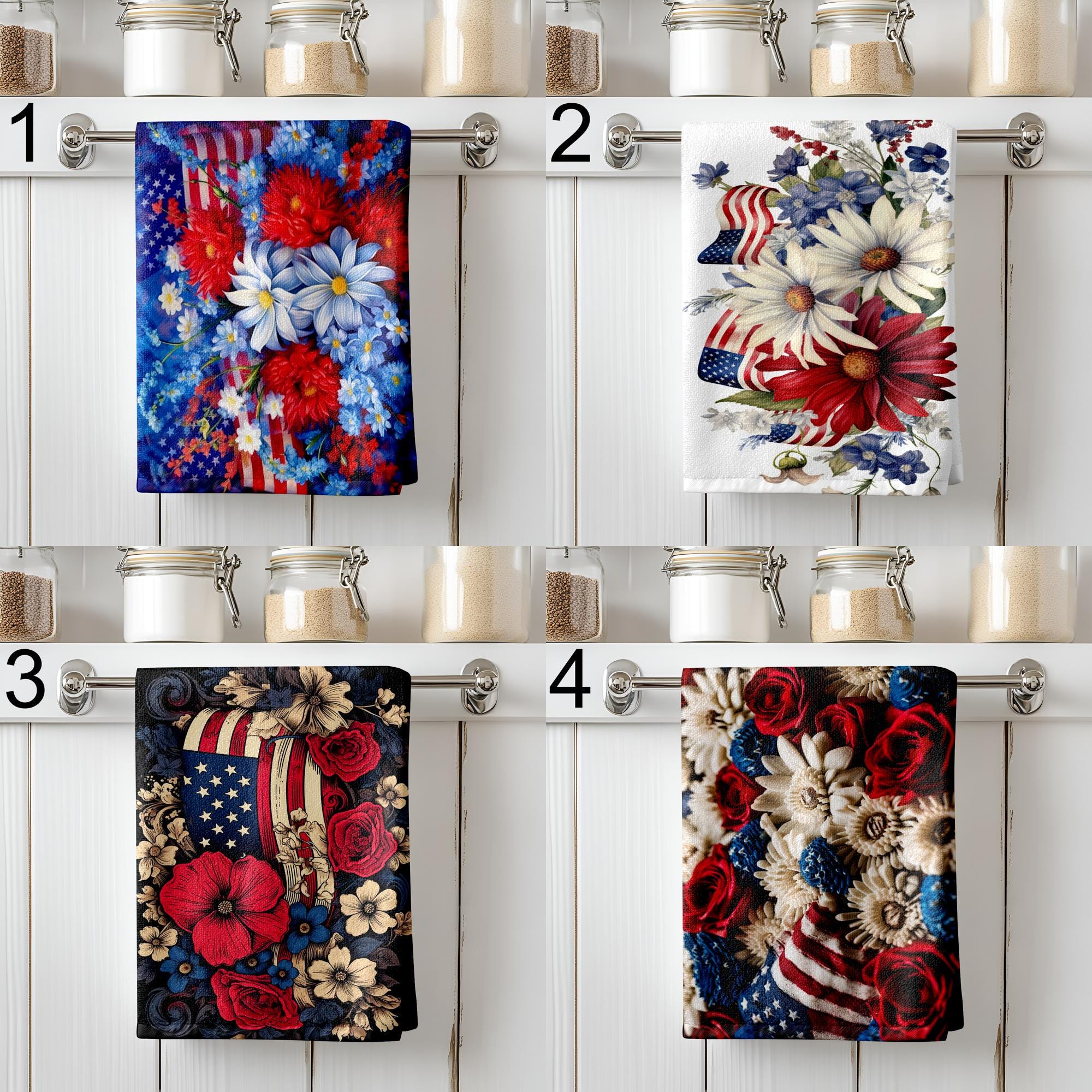 Patriotic Floral Kitchen Towels, USA Flag Dish Towels, 4th of July Tea Towel, American Flower Hand Towels, Red Blue White Kitchen Gift Towel