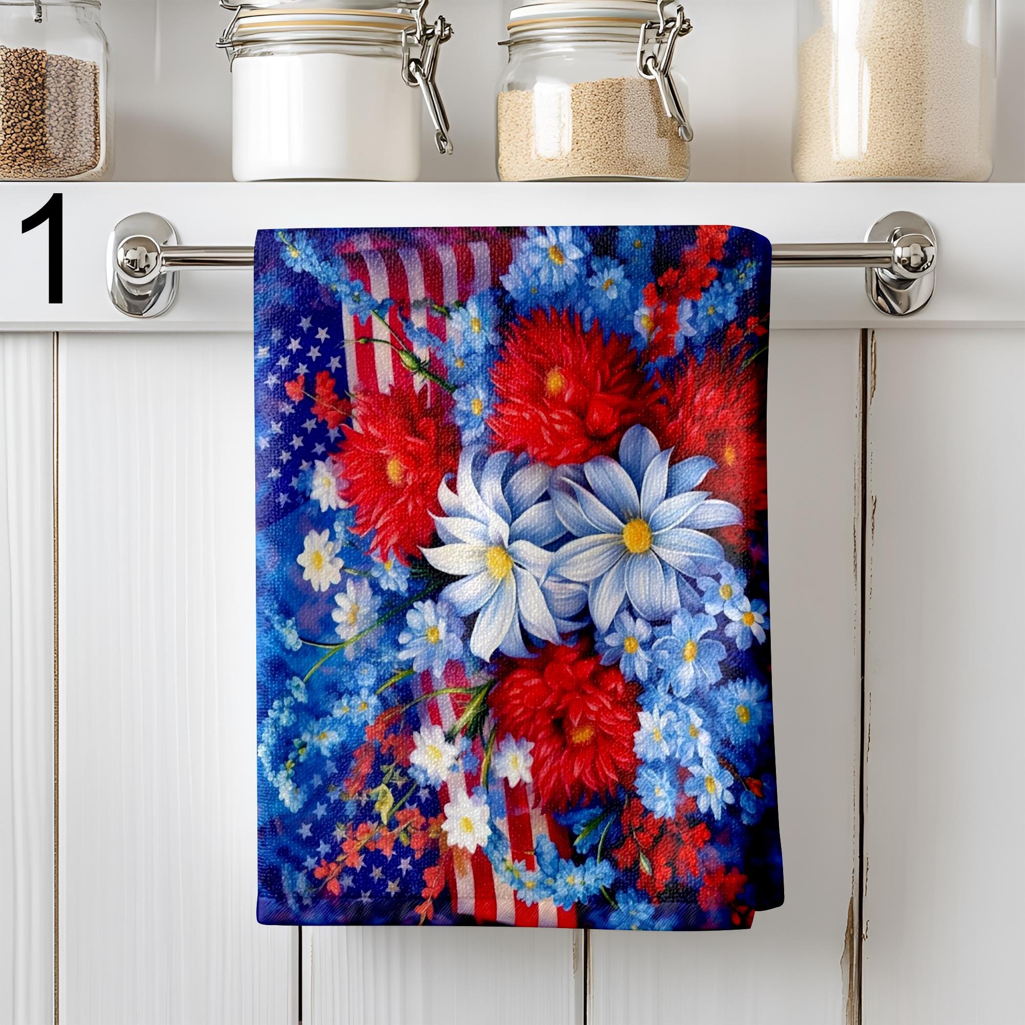 Patriotic Floral Kitchen Towels, USA Flag Dish Towels, 4th of July Tea Towel, American Flower Hand Towels, Red Blue White Kitchen Gift Towel
