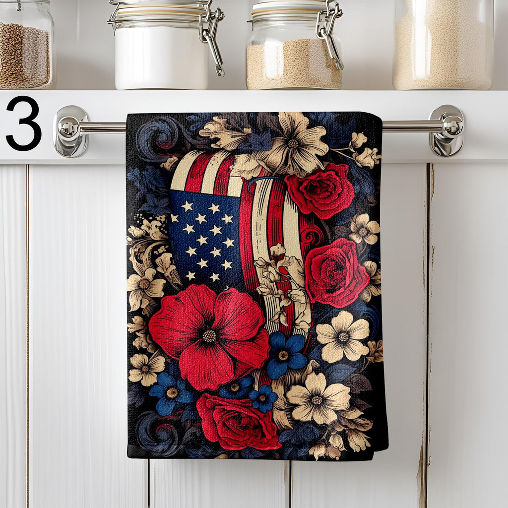 Patriotic Floral Kitchen Towels, USA Flag Dish Towels, 4th of July Tea Towel, American Flower Hand Towels, Red Blue White Kitchen Gift Towel