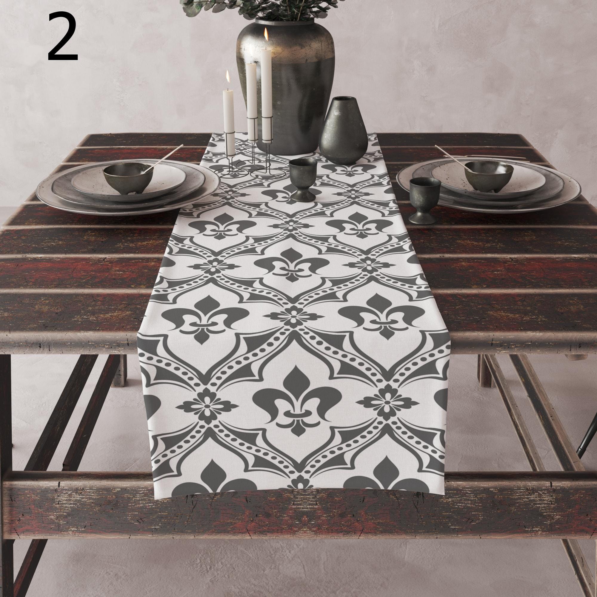 Gray White Damask Table Runner, Baroque Floral Table Decor, Elegant Cotton Table Runner, Classic Dark Gray Table Runners
