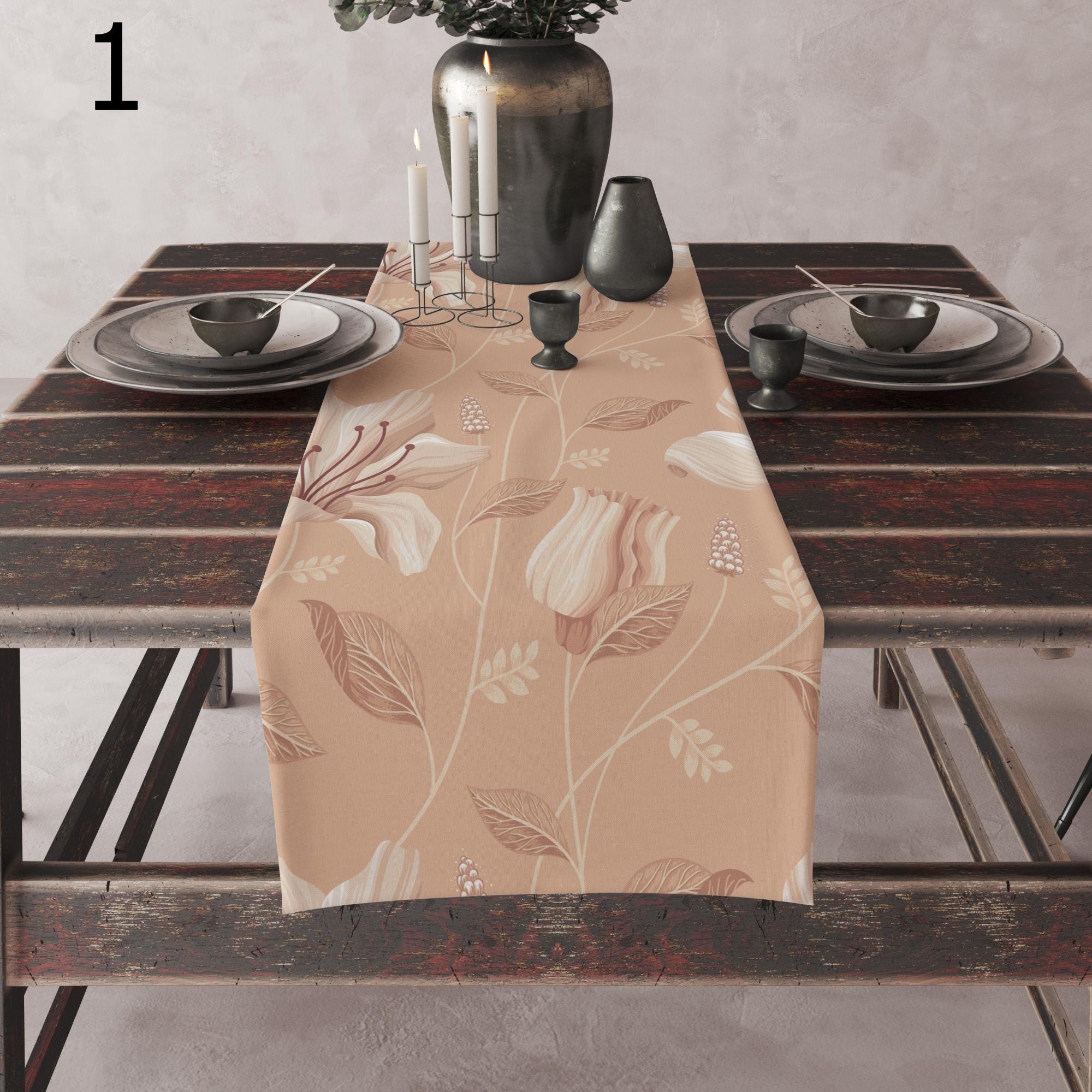 Floral Print Table Runner, Soft Botanical Table Decor, Beige and Blue Table Runners, Elegant Nature-Inspired Runner, Earthy Floral Runners