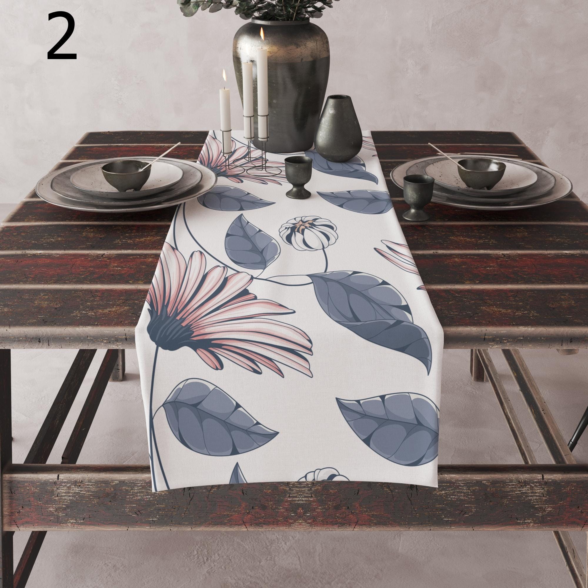 Floral Print Table Runner, Soft Botanical Table Decor, Beige and Blue Table Runners, Elegant Nature-Inspired Runner, Earthy Floral Runners