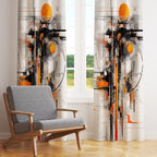 Modern Abstract Art Curtain Panel, Bold Orange Black Wall Drapes, Futuristic Tech-Inspired Window Curtain, Contemporary Art Panel Curtain