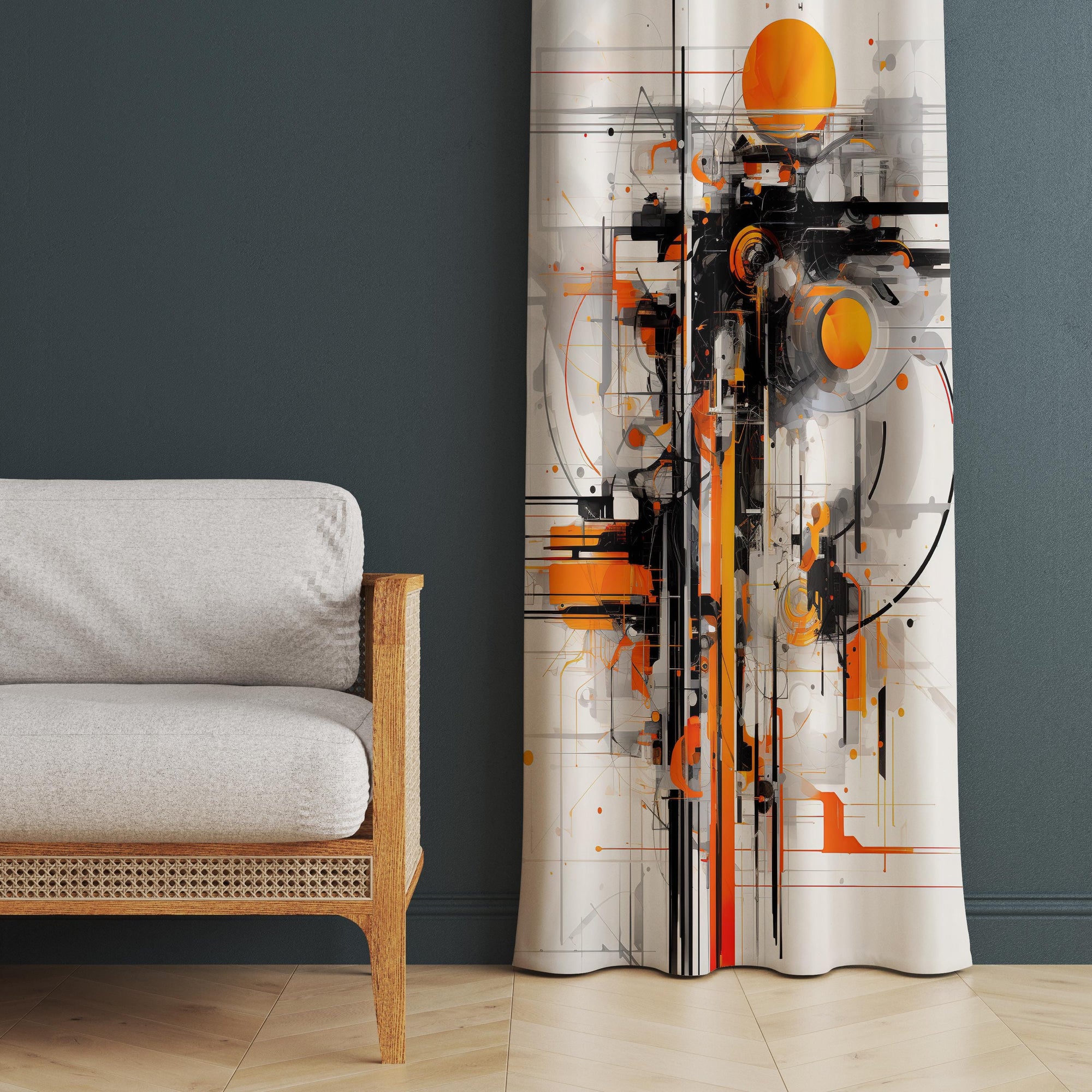 Modern Abstract Art Curtain Panel, Bold Orange Black Wall Drapes, Futuristic Tech-Inspired Window Curtain, Contemporary Art Panel Curtain