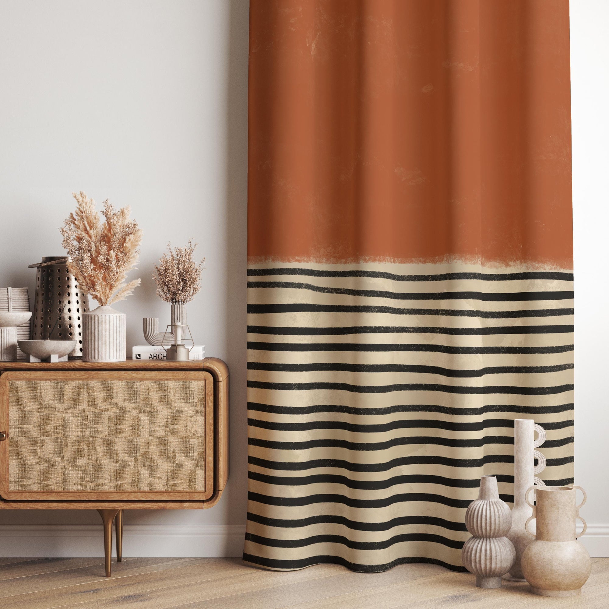 Terracotta Striped Curtain Panel, Modern Rustic Boho Window Drapes, Earth Tone Farmhouse Decor Curtain, Mid Century Modern Panel