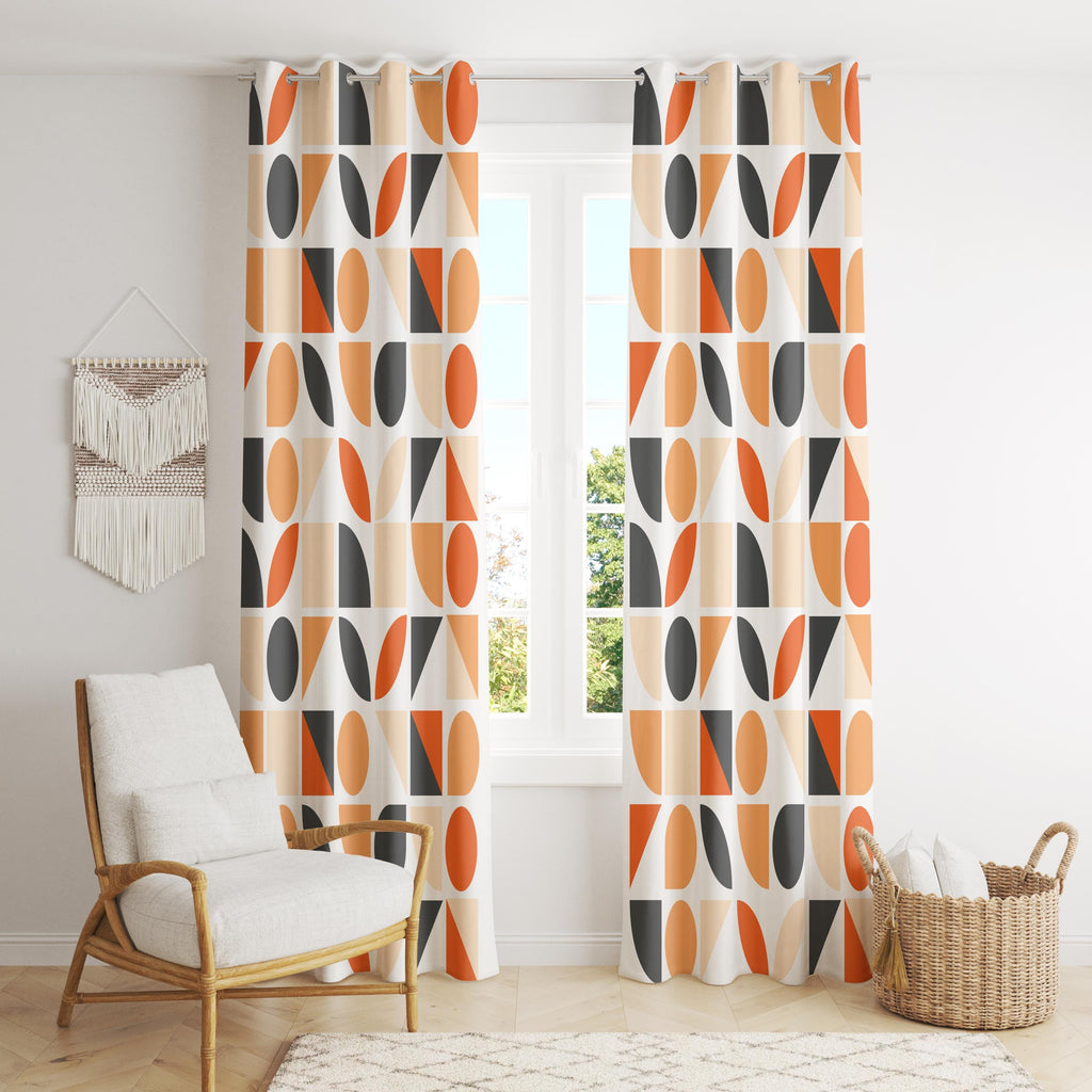 Retro Geometric Curtain Panel, Mid Century Modern Abstract Drapes, Orange Black Beige Wall Decor Curtain, Retro Panel Curtains
