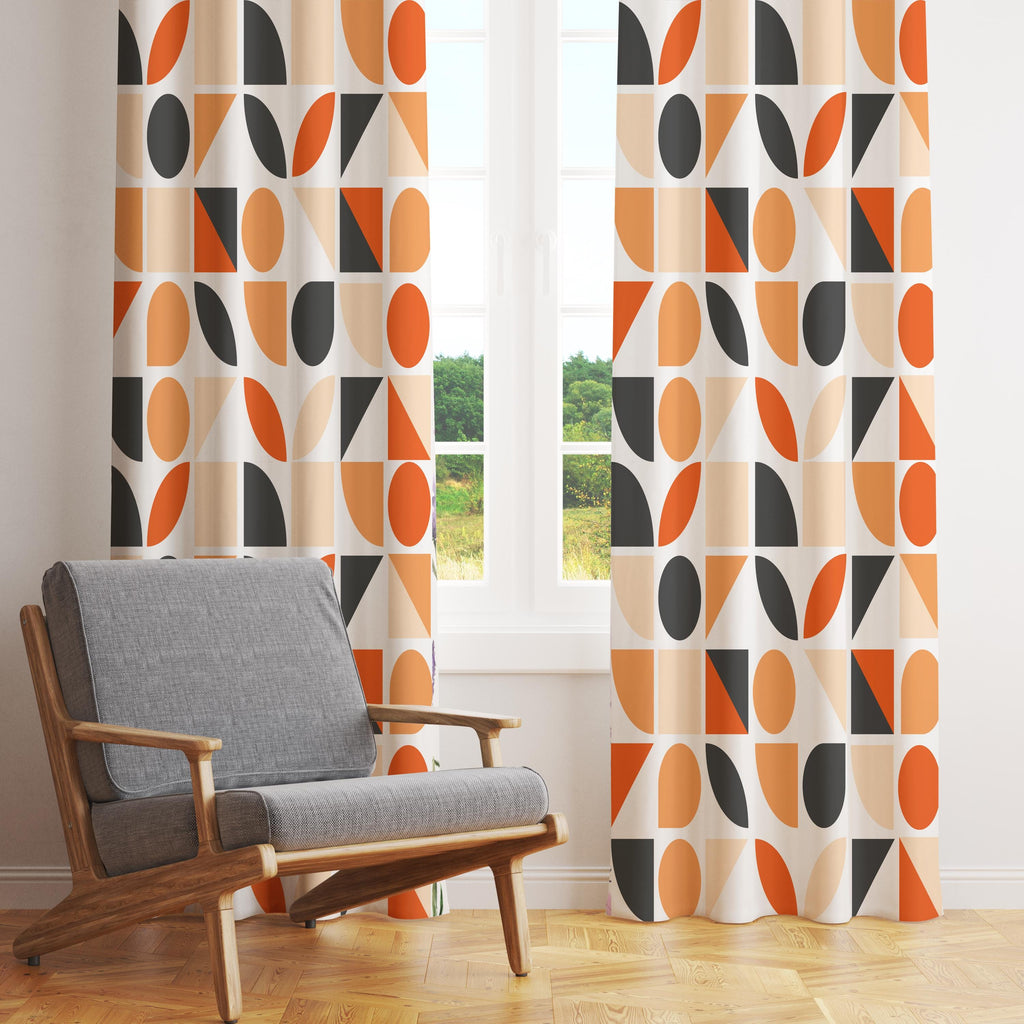Retro Geometric Curtain Panel, Mid Century Modern Abstract Drapes, Orange Black Beige Wall Decor Curtain, Retro Panel Curtains