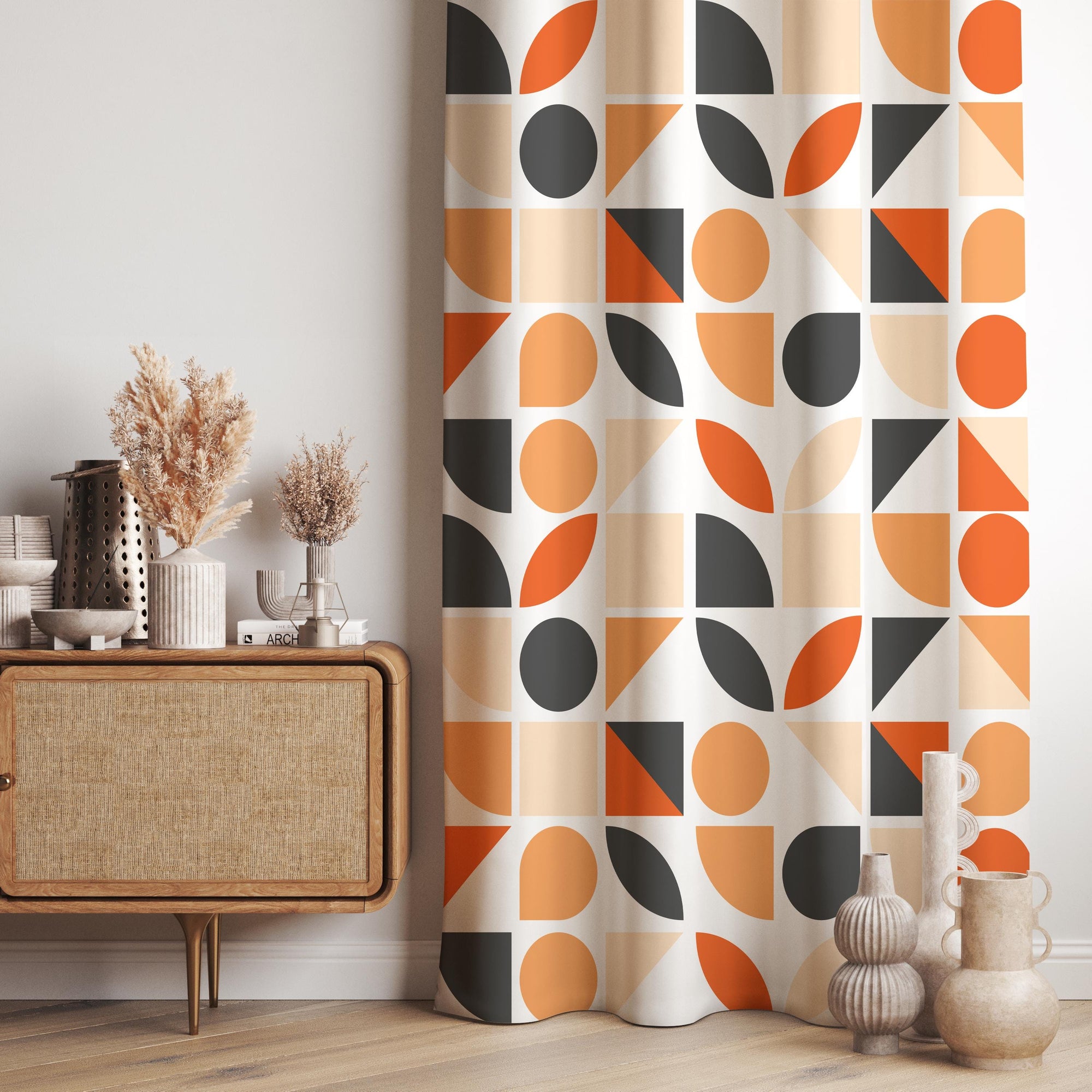 Retro Geometric Curtain Panel, Mid Century Modern Abstract Drapes, Orange Black Beige Wall Decor Curtain, Retro Panel Curtains