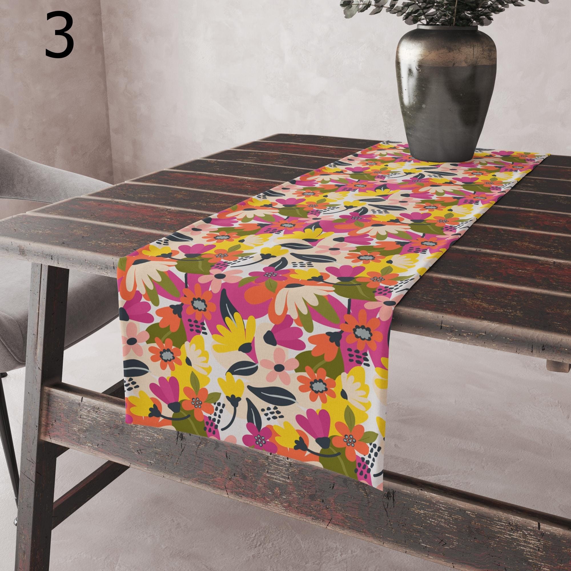 Retro Folk Floral Table Runner, Colorful Boho Table Decor, Spring Summer Flower Runner, Cottagecore Table Runners
