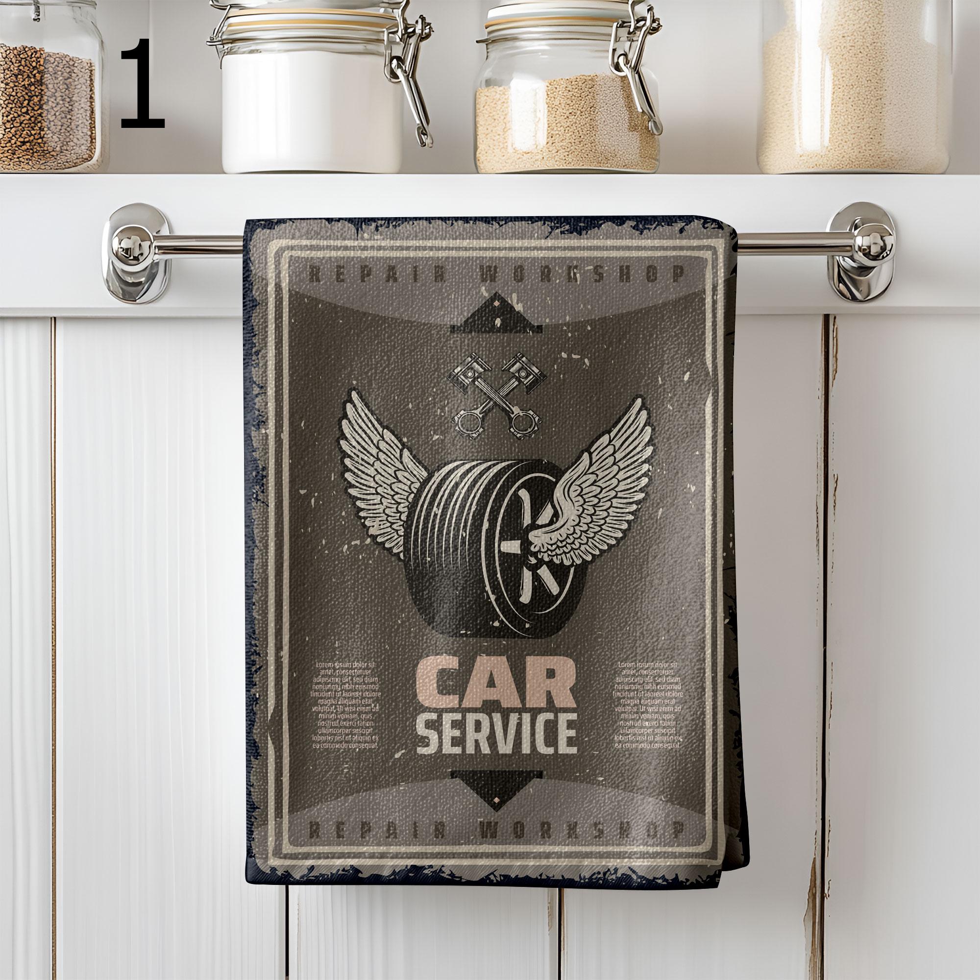 Vintage Car Service Tea Towels, Garage Mechanic Kitchen Towels, Classic Auto Repair Gift Towel, Industrial Retro Hand Towels