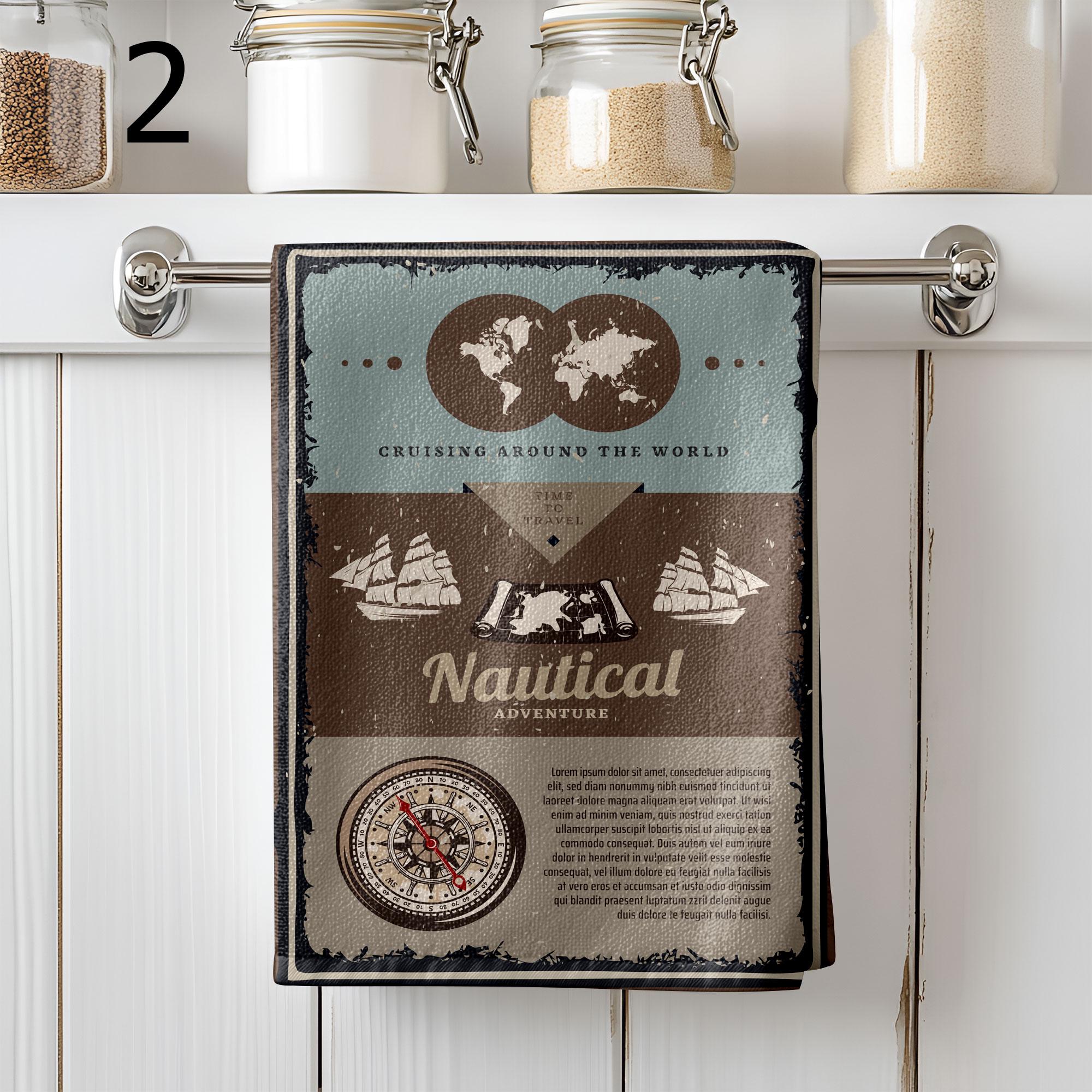 Nautical Tea Towels, Vintage Compass Kitchen Towels, Sailing Ship Retro Dish Towels, Maritime Adventure Gift for Him
