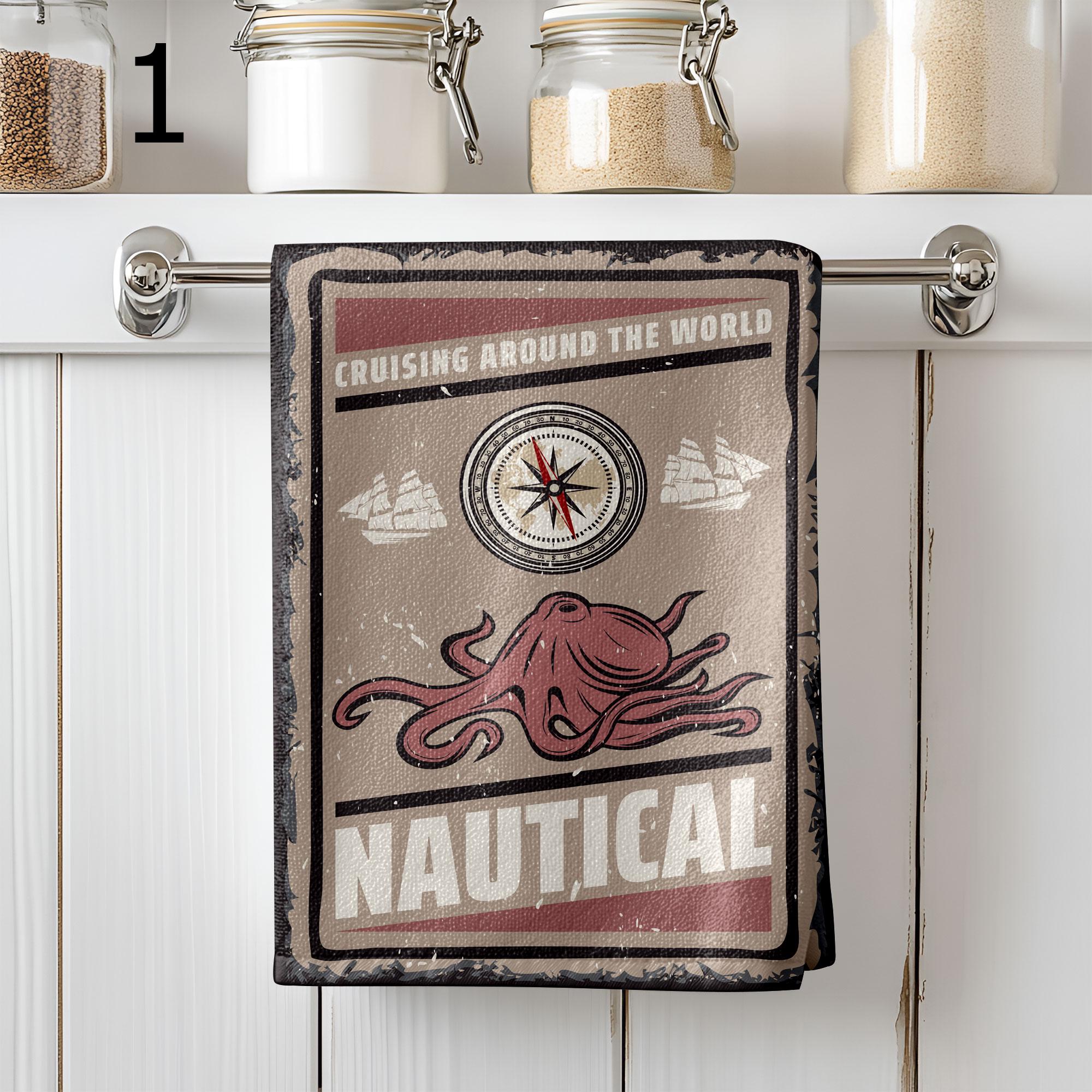 Nautical Tea Towels, Vintage Compass Kitchen Towels, Sailing Ship Retro Dish Towels, Maritime Adventure Gift for Him