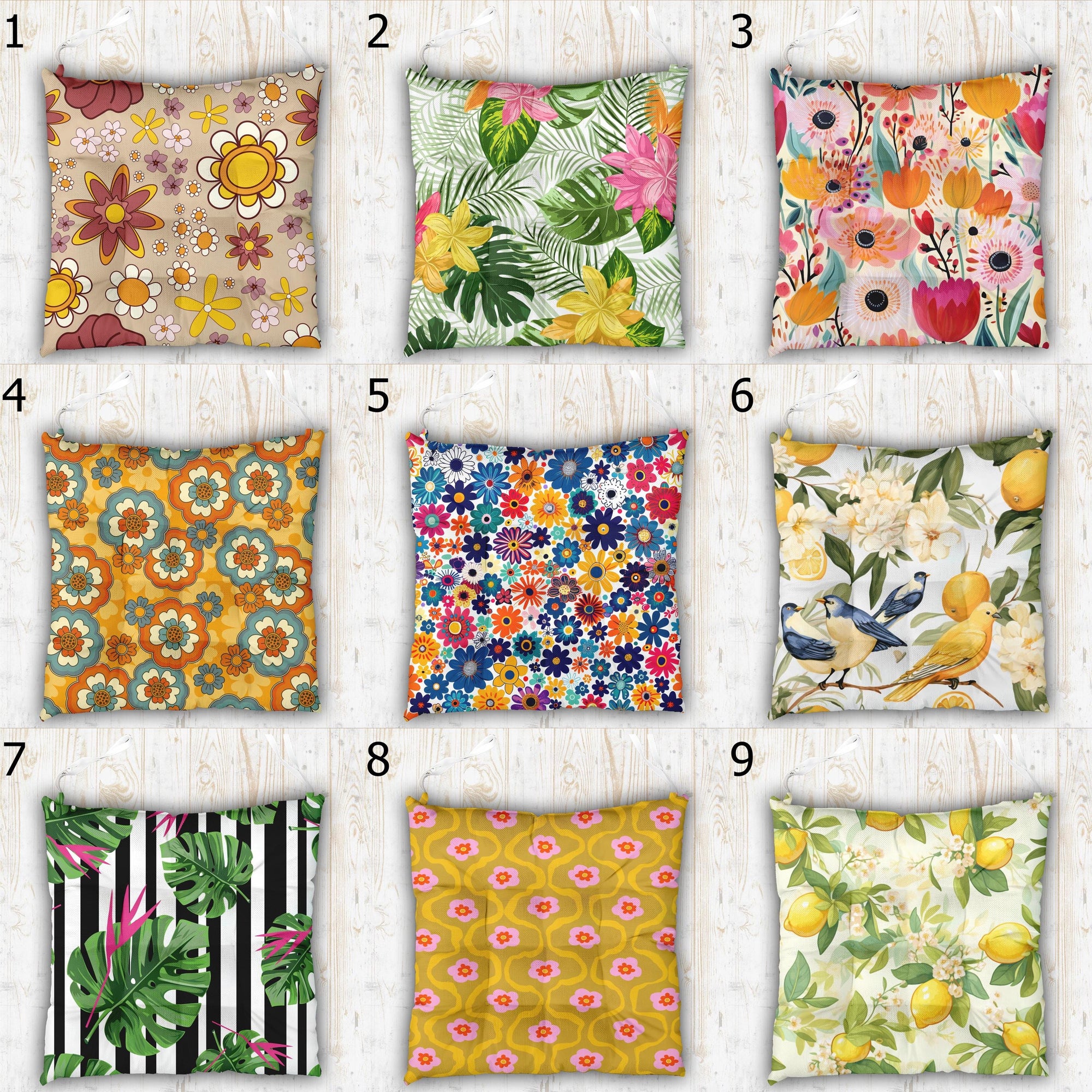 Floral Chair Cushions, Colorful Indoor Outdoor Chair Seat Pads, Boho Floral Garden Chair Pads, Flowers Patio Chair Cushions with Ties