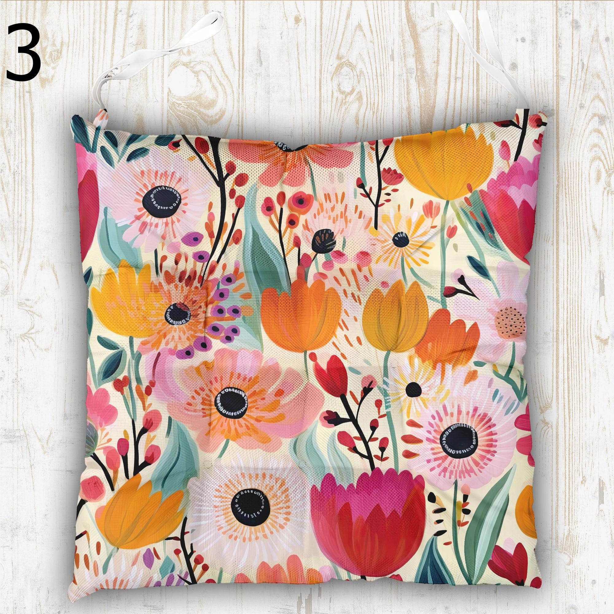 Floral Chair Cushions, Colorful Indoor Outdoor Chair Seat Pads, Boho Floral Garden Chair Pads, Flowers Patio Chair Cushions with Ties