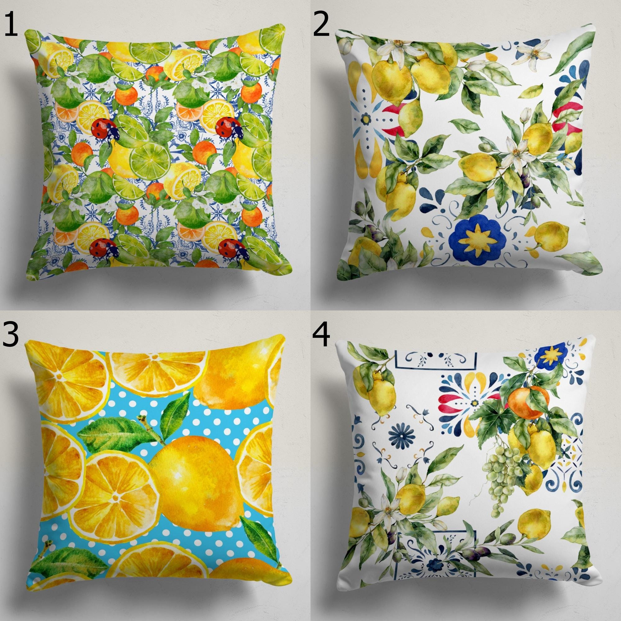 Lemon Fruit Pillow Covers, Mediterranean Citrus Throw Pillows, Summer Cushion Covers, Blue Lemon Decor Pillowcase, Mediterranean Home Decor