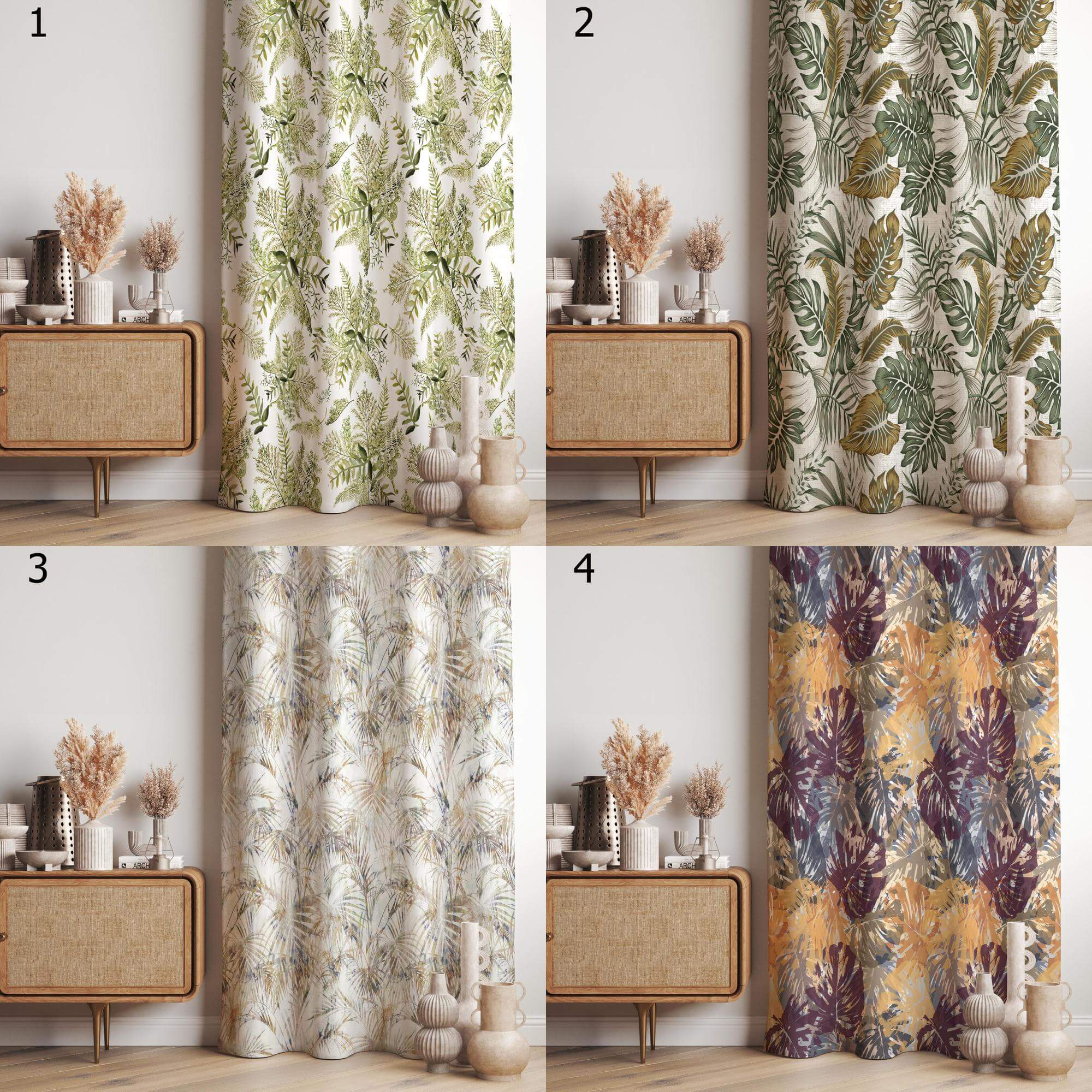Tropical Leaf Curtains, Soft Jungle Botanical Drapes, Beige Green Nature Print Curtains, Watercolor Leafy Curtain Panels
