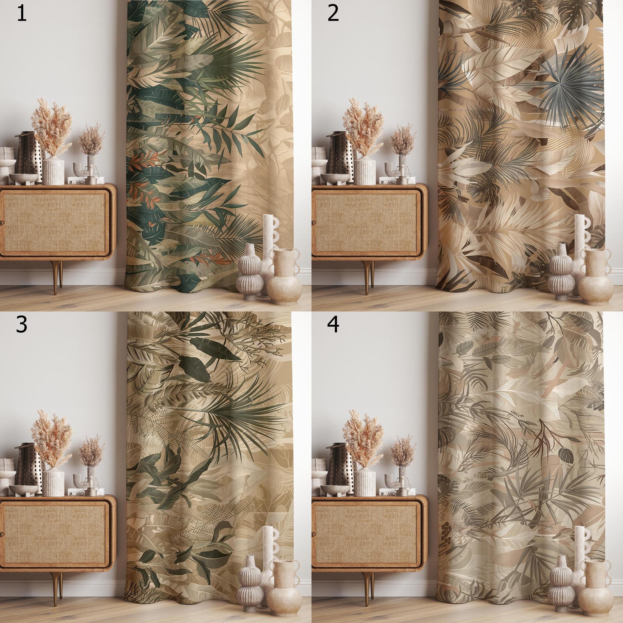 Beige Tropical Curtains, Palm Leaf Drapes, Earthy Botanical Window Panels, Neutral Jungle Curtain, Boho Natural Living Decor Curtain Panels