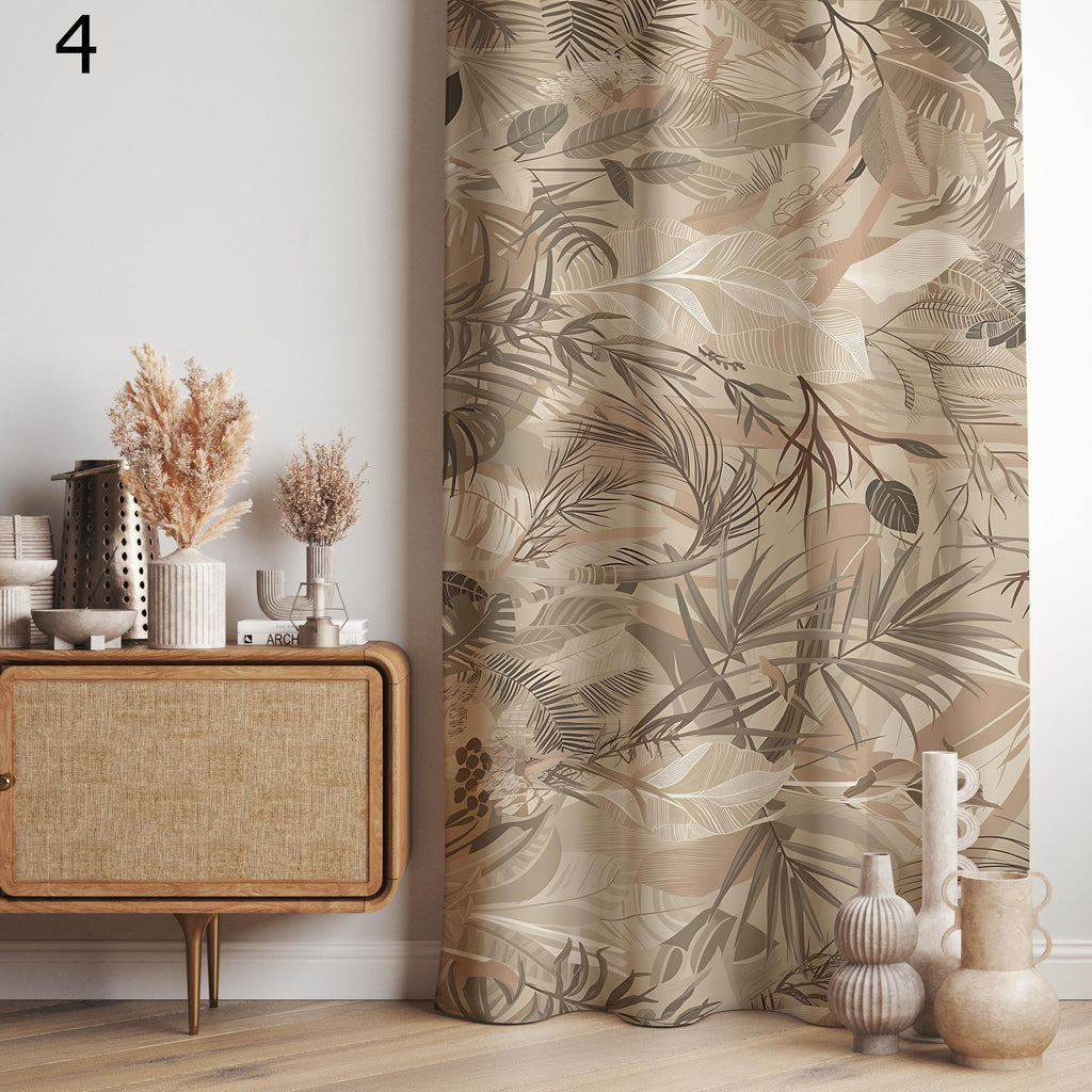 Beige Tropical Curtains, Palm Leaf Drapes, Earthy Botanical Window Panels, Neutral Jungle Curtain, Boho Natural Living Decor Curtain Panels