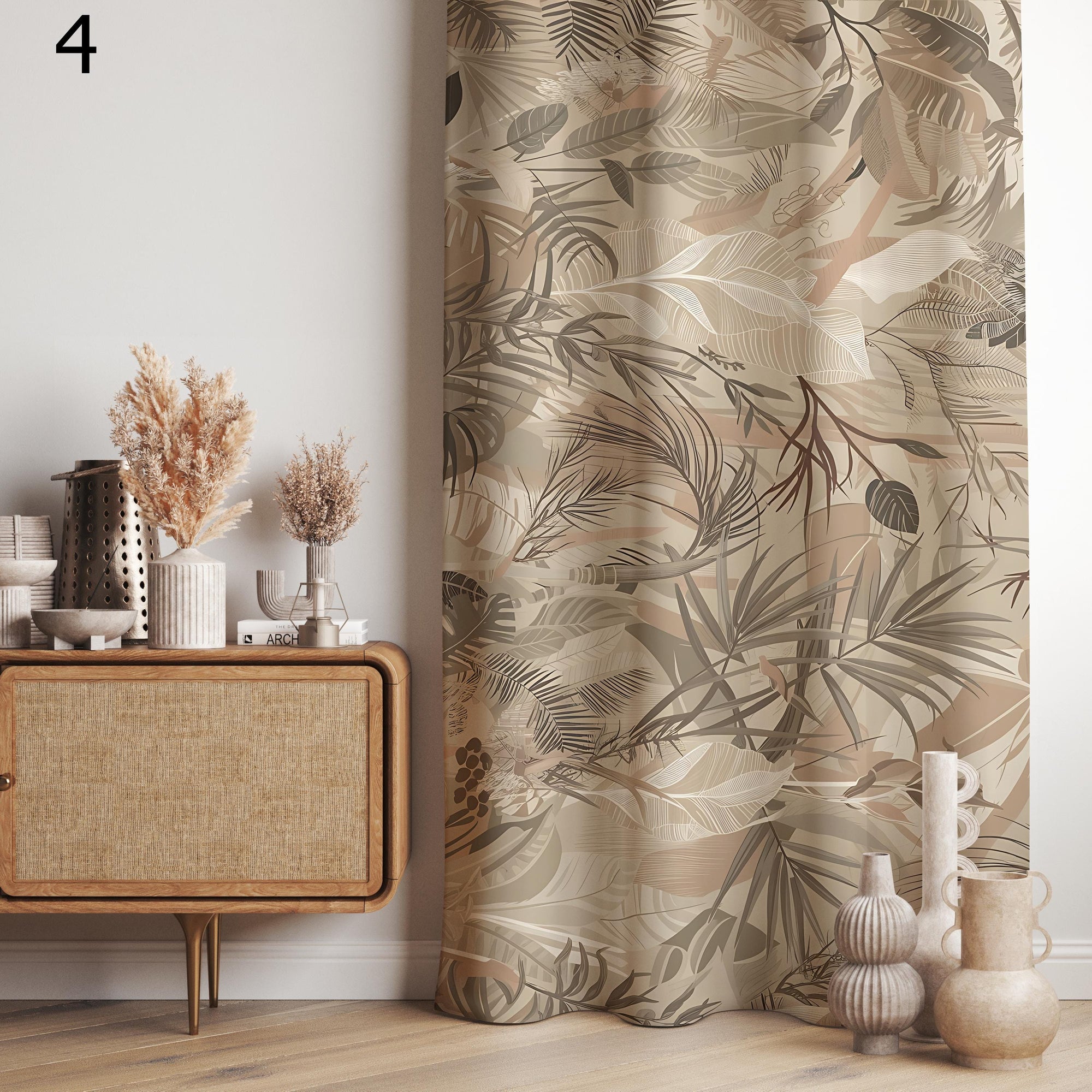 Beige Tropical Curtains, Palm Leaf Drapes, Earthy Botanical Window Panels, Neutral Jungle Curtain, Boho Natural Living Decor Curtain Panels