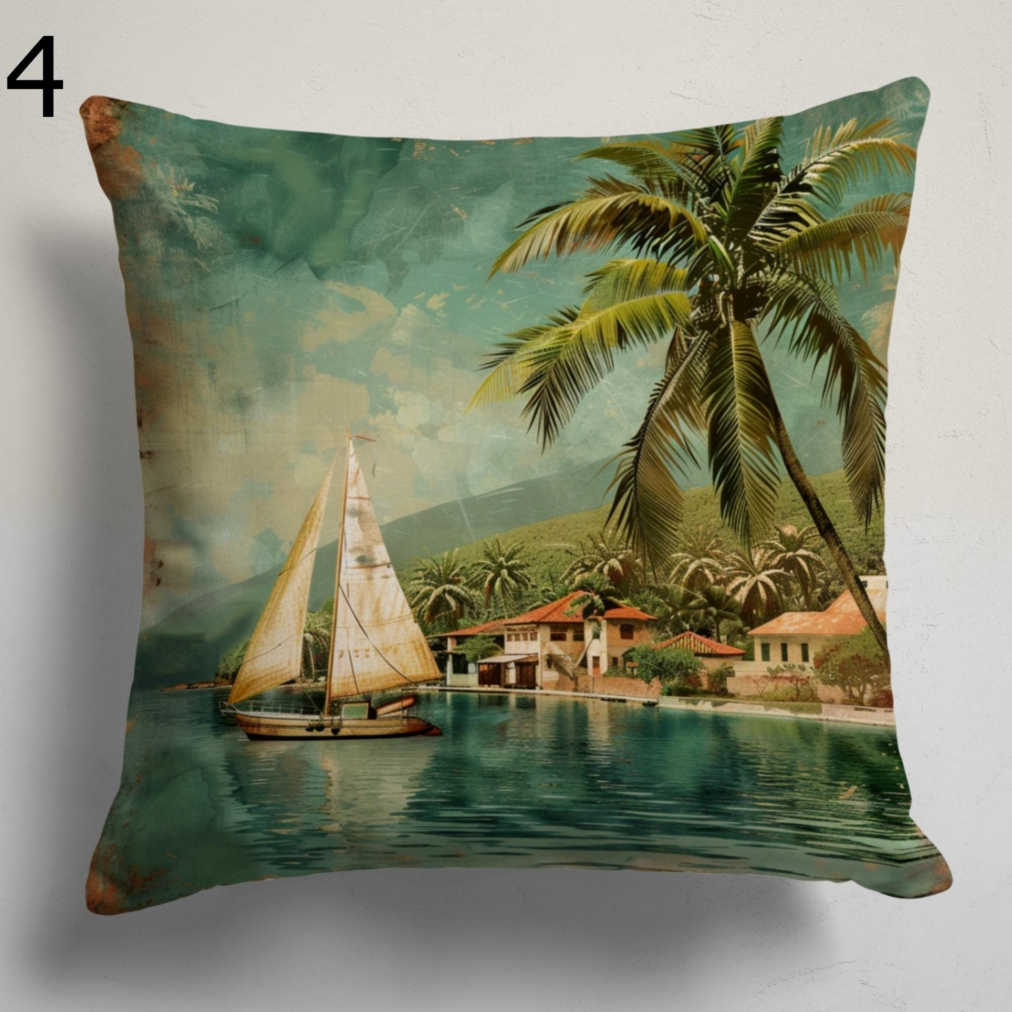 Tropical Sailboat Pillow Covers, Coastal Summer Home Decor, Beach House Throw Pillows, Seaside Scene Cushion Covers, Palm Tree Pillowcases