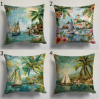 Tropical Sailboat Pillow Covers, Coastal Summer Home Decor, Beach House Throw Pillows, Seaside Scene Cushion Covers, Palm Tree Pillowcases