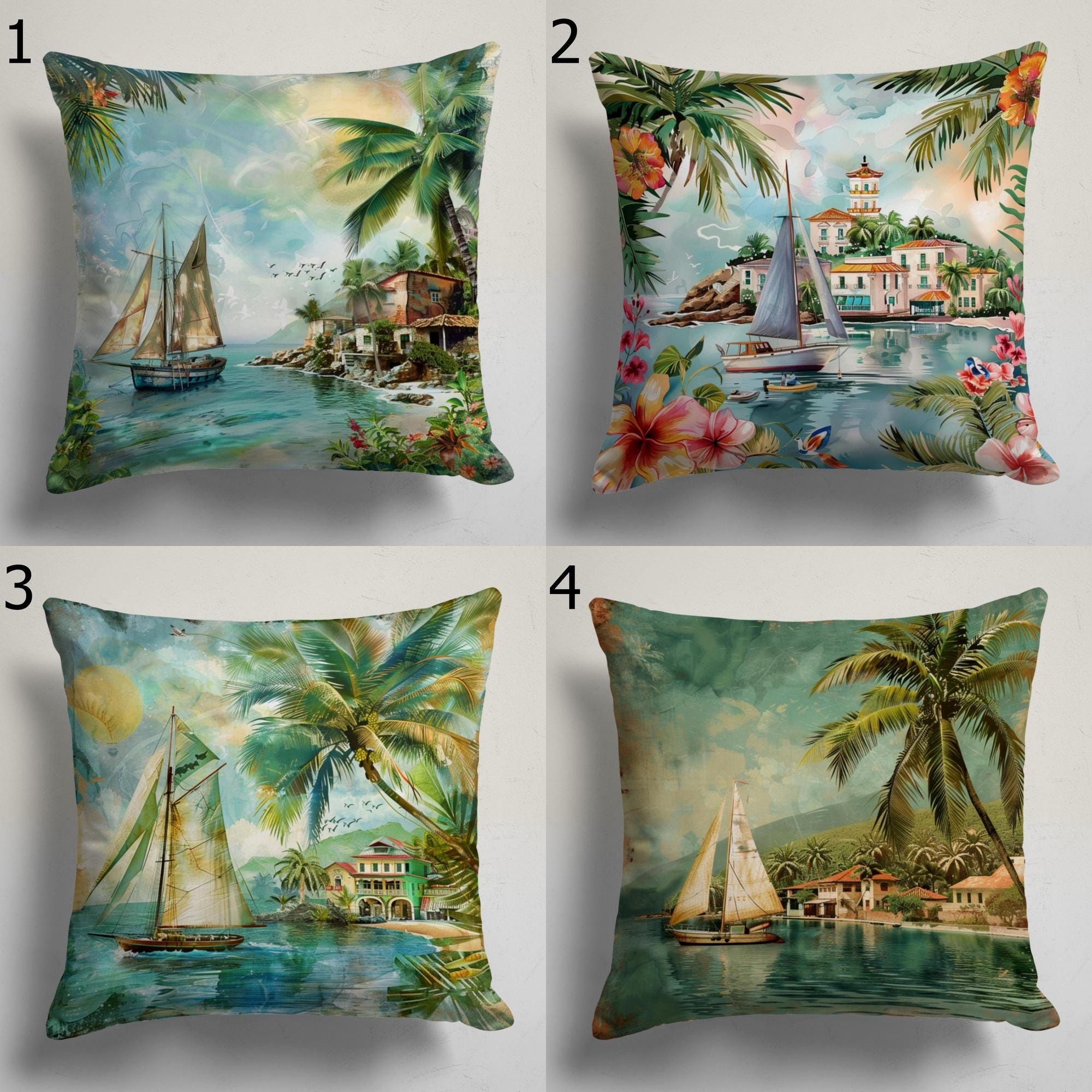 Tropical Sailboat Pillow Covers, Coastal Summer Home Decor, Beach House Throw Pillows, Seaside Scene Cushion Covers, Palm Tree Pillowcases