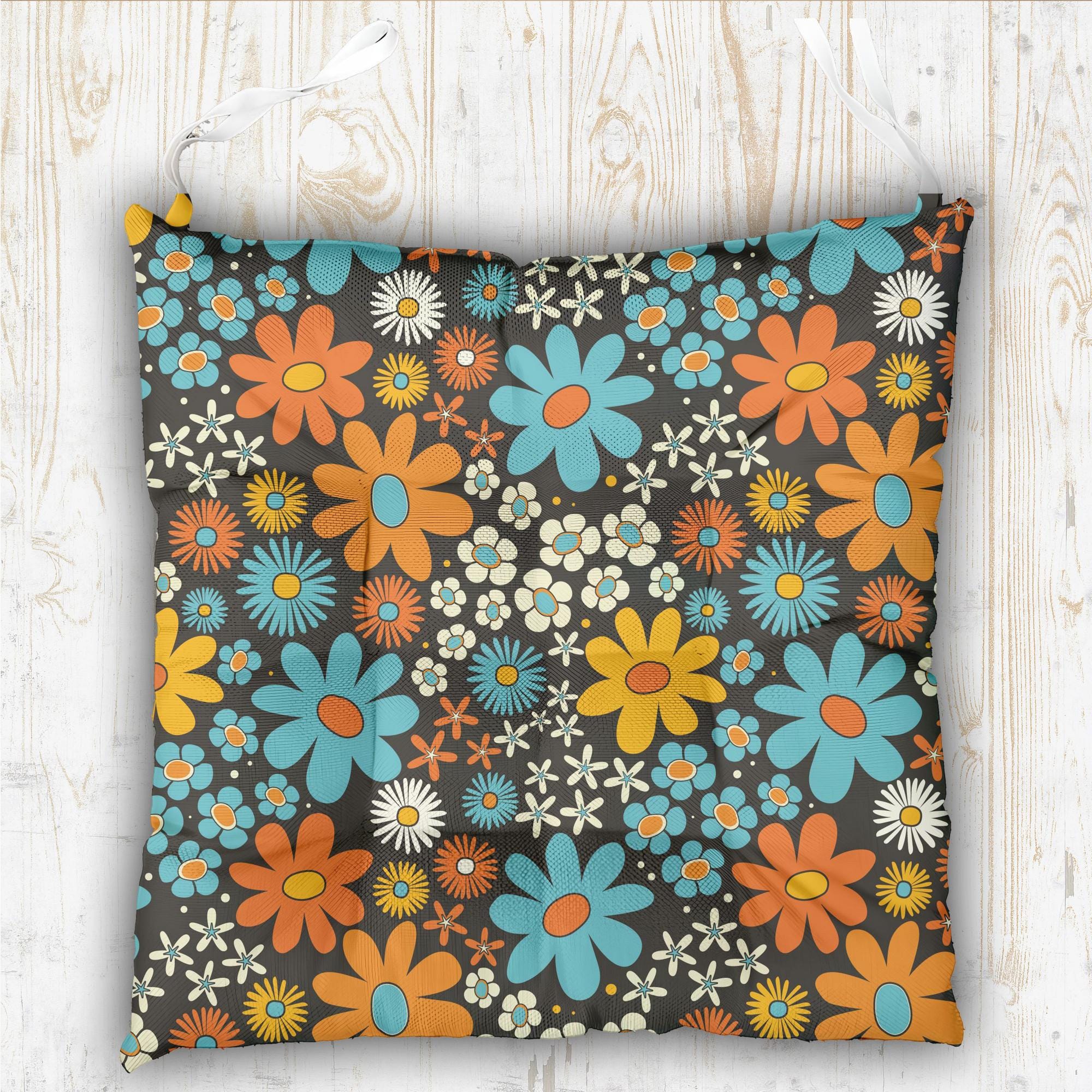 Summer Flowers Patio Chair Pad With Ties, Floral Outdoor Print Chair Cushion, Flowers Chair Pads, Colorful Floral Chair Pads with Ties