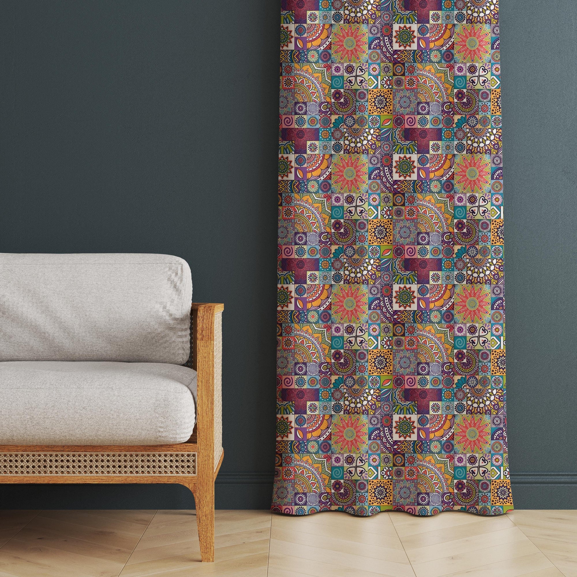 Boho Patchwork Curtain Panel, Colorful Mandala Window Drapes, Maximalist Bohemian Tapestry Curtain, Vibrant Boho Window Panels