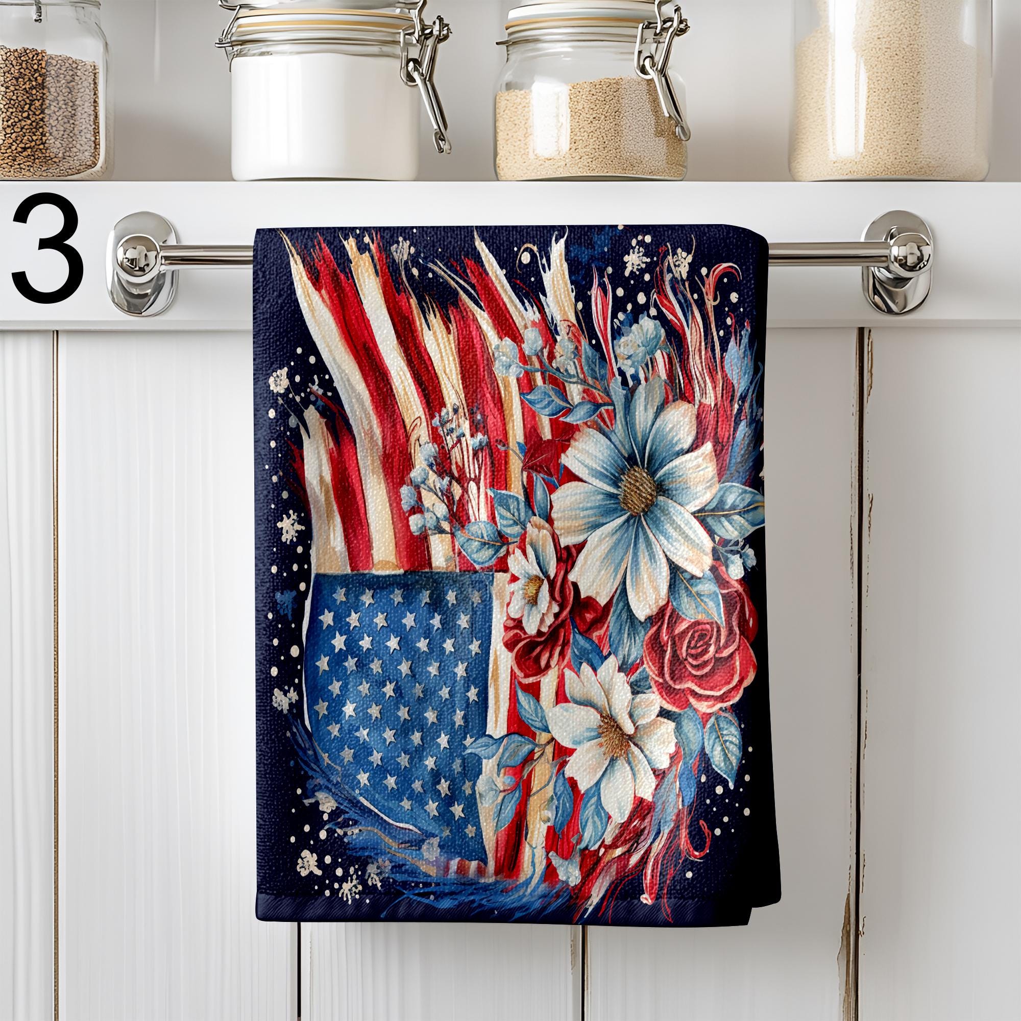 Patriotic Floral Kitchen Towels, 4th of July Themed Dish Towels, Vintage American Flag Hand Towels, Wildflower Prints Tea Towels