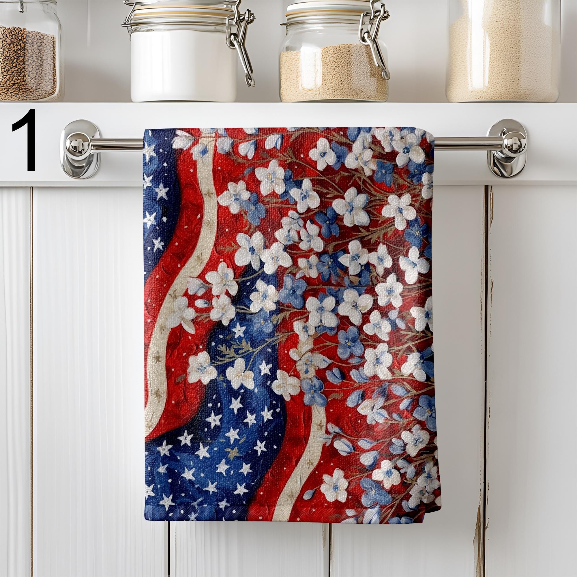 Patriotic Floral Kitchen Towels, 4th of July Themed Dish Towels, Vintage American Flag Hand Towels, Wildflower Prints Tea Towels