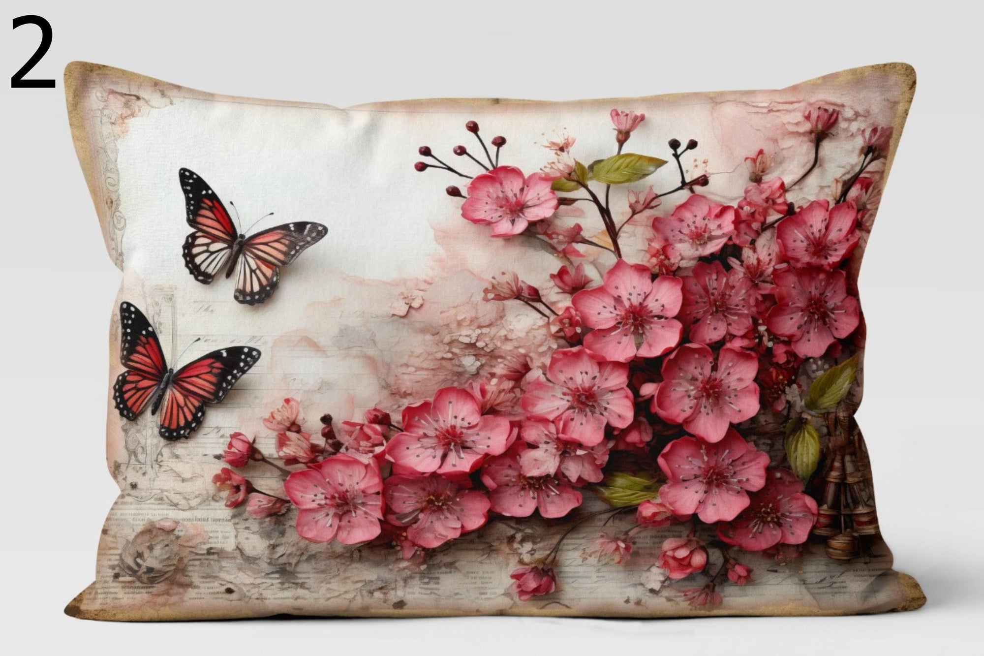 Butterfly Floral Pillow Covers, Pink Cherry Blossom Cushion Covers, Romantic Spring Throw Pillows, Nature Art Decorative Pillowcase