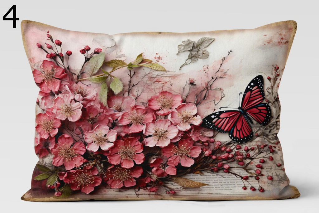 Butterfly Floral Pillow Covers, Pink Cherry Blossom Cushion Covers, Romantic Spring Throw Pillows, Nature Art Decorative Pillowcase