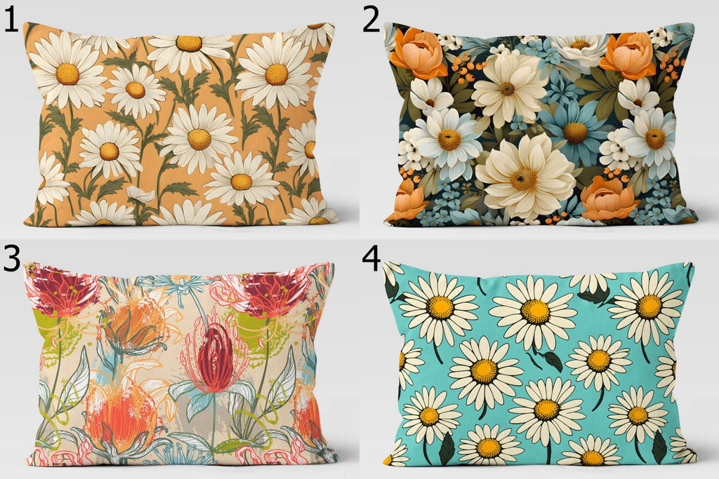 Daisy Pillow Covers, Colorful Floral Throw Pillows, Retro Flower Cushion Covers, Summer Botanical Rectangle Pillowcases