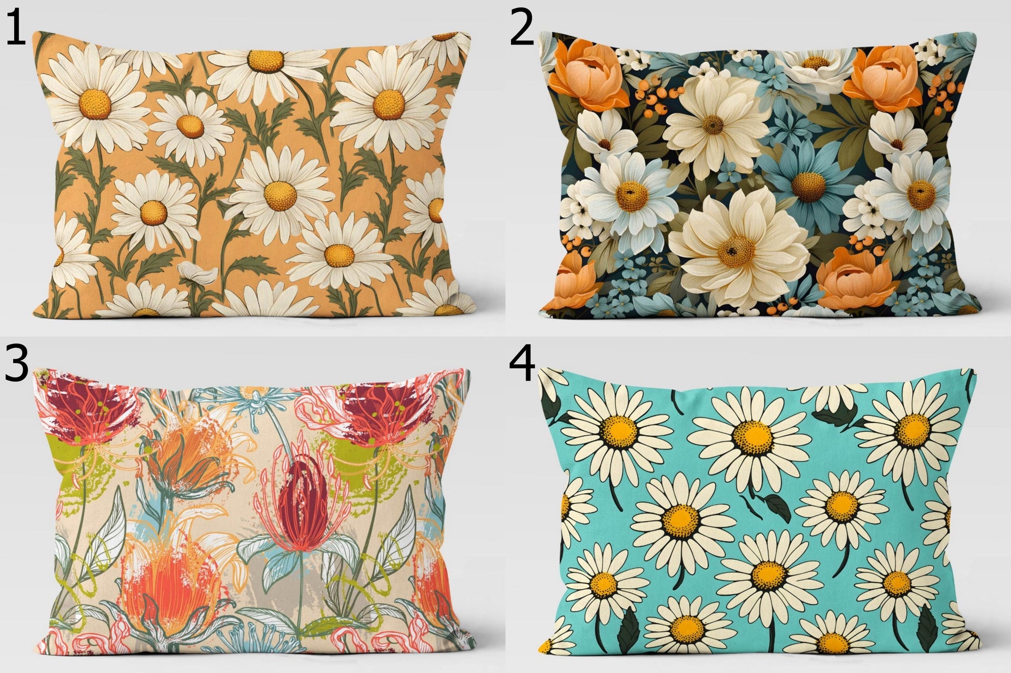 Daisy Pillow Covers, Colorful Floral Throw Pillows, Retro Flower Cushion Covers, Summer Botanical Rectangle Pillowcases